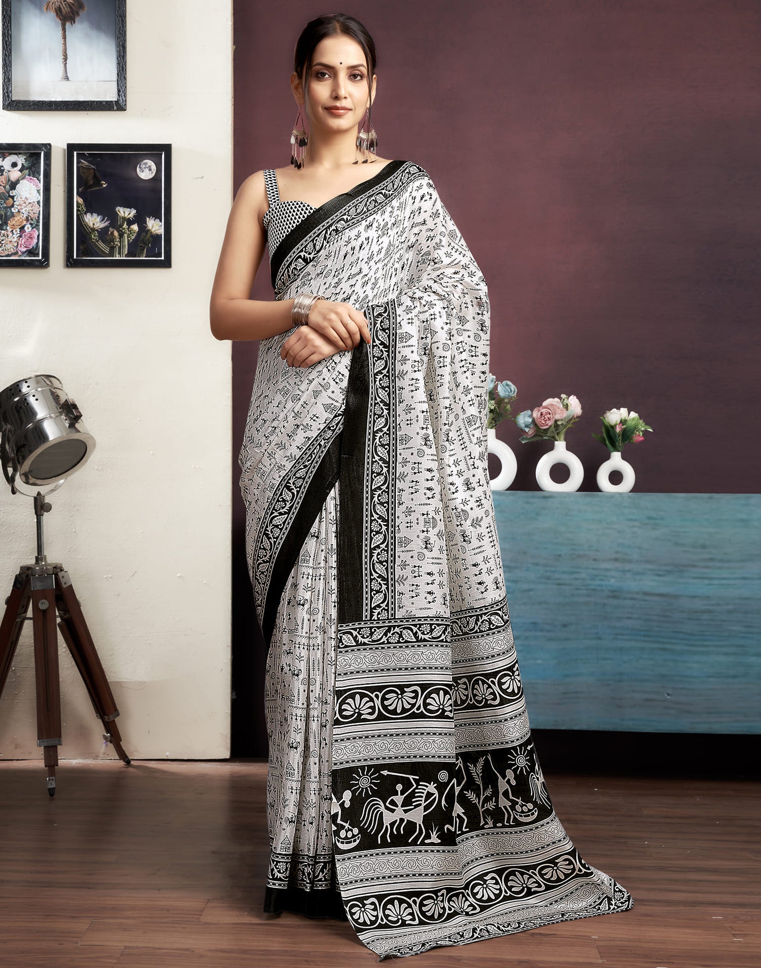 White Cotton Blend Printed Saree