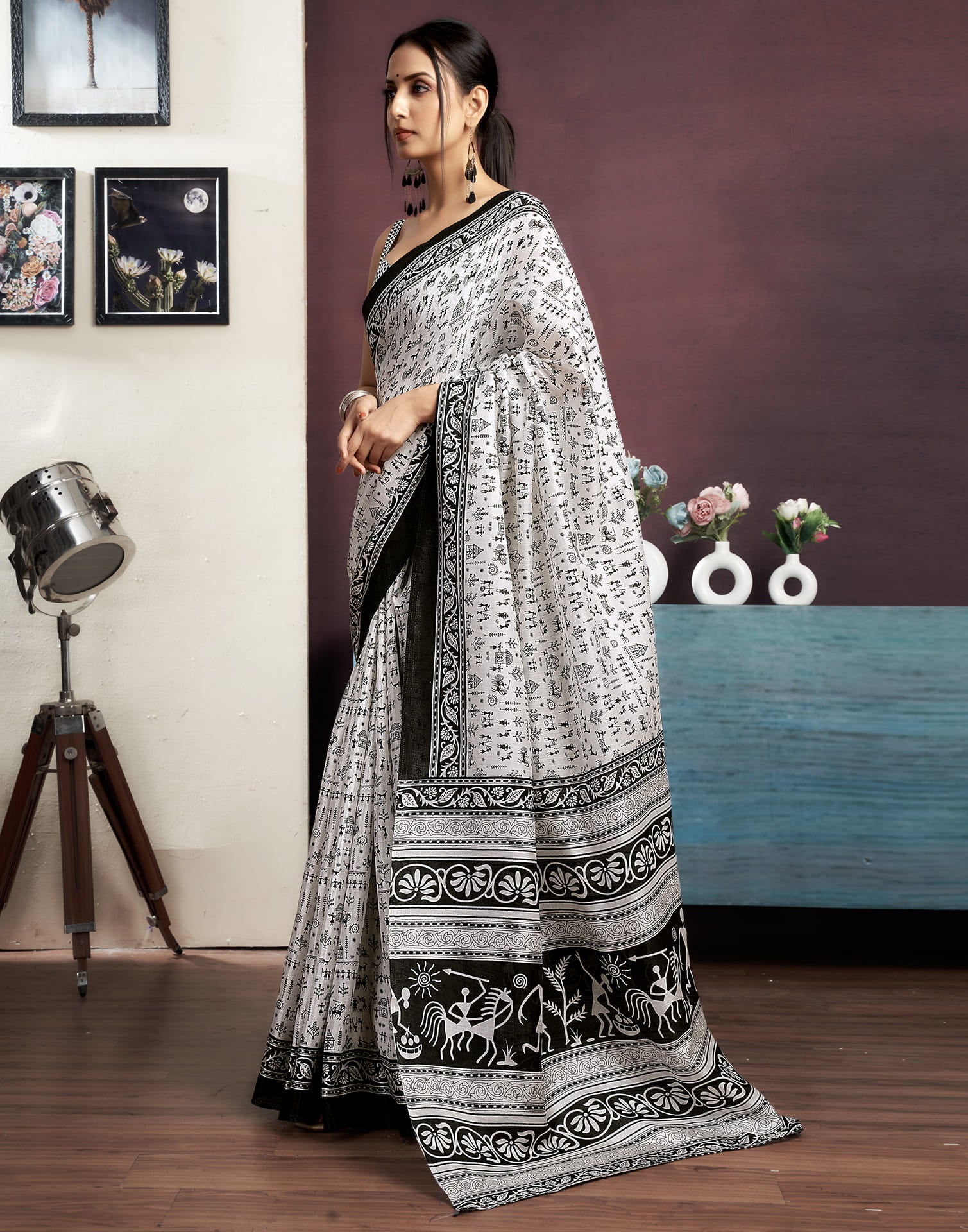 White Bhagalpuri Silk Printed Saree