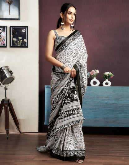 White Bhagalpuri Silk Printed Saree