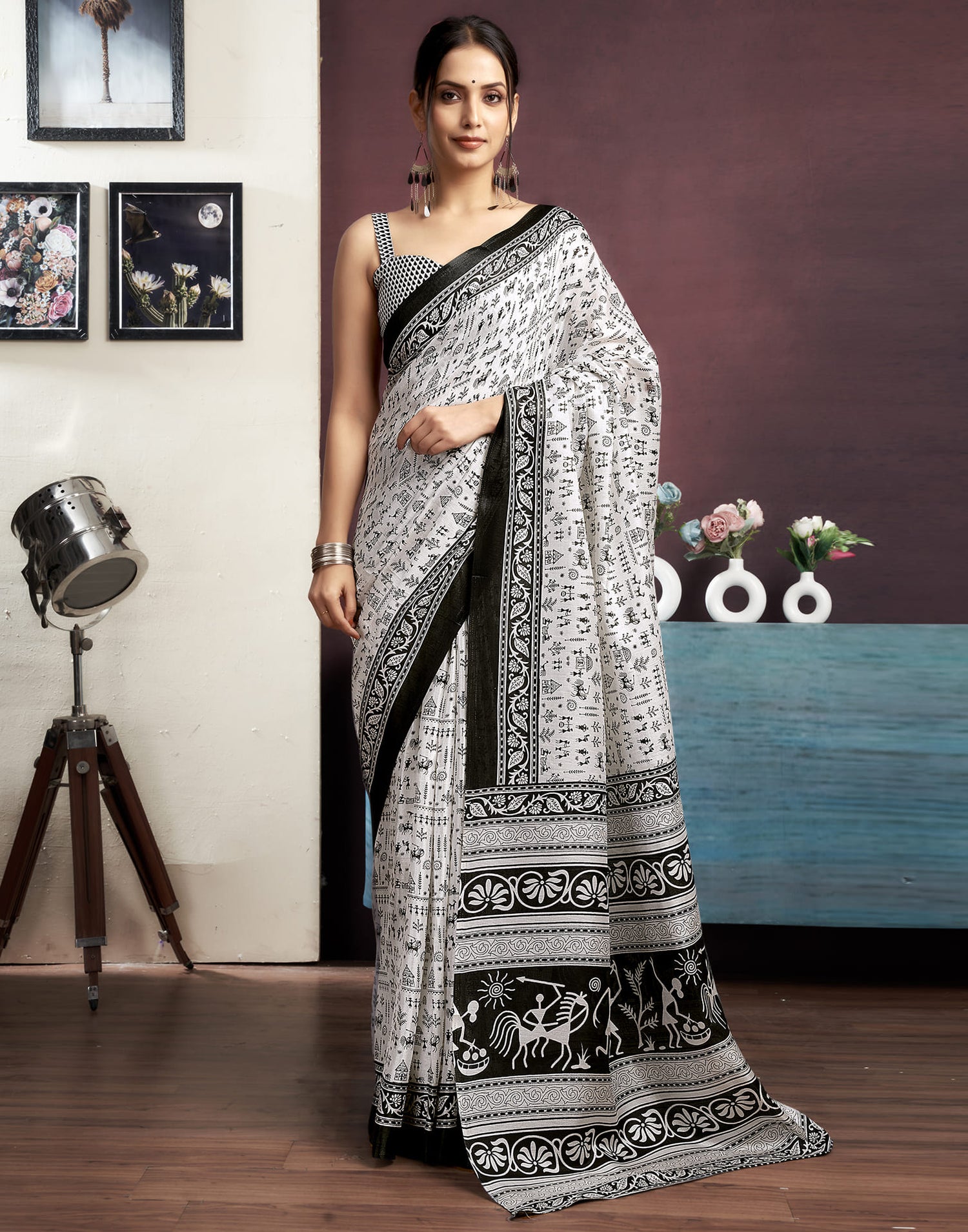 White Cotton Blend Printed Saree