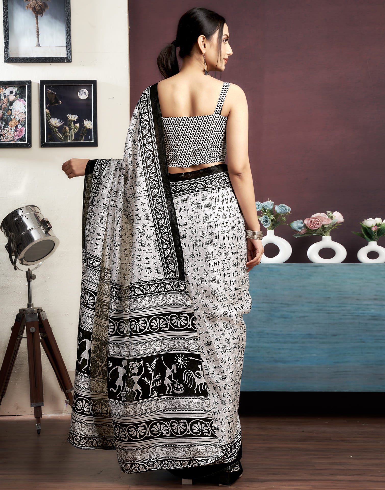 White Cotton Blend Printed Saree