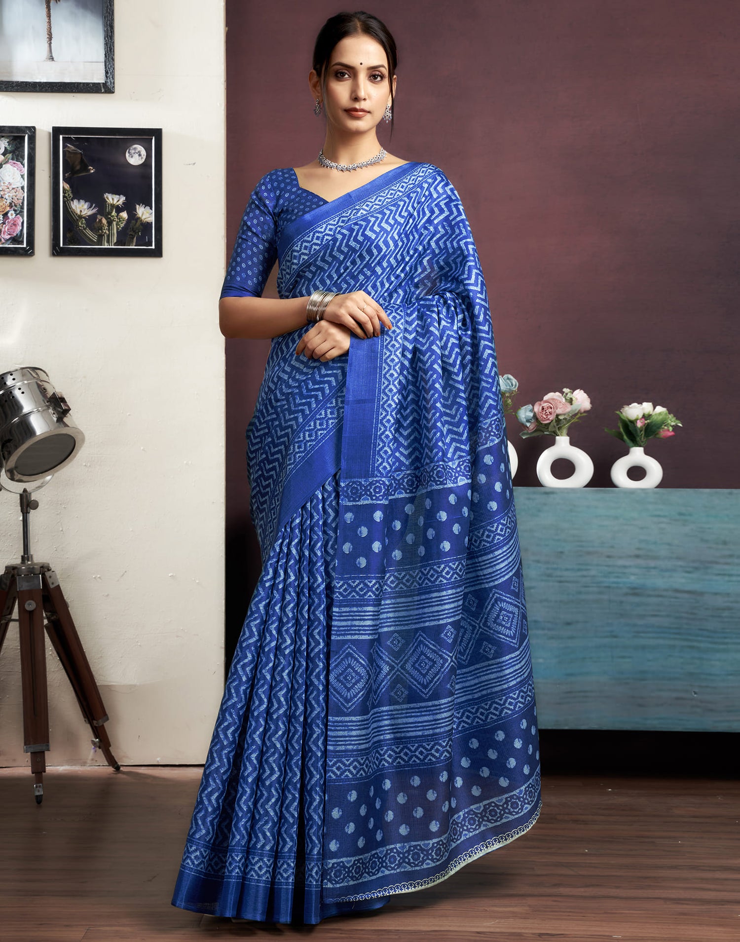 Dark Blue Bhagalpuri Silk Geometric Printed Saree