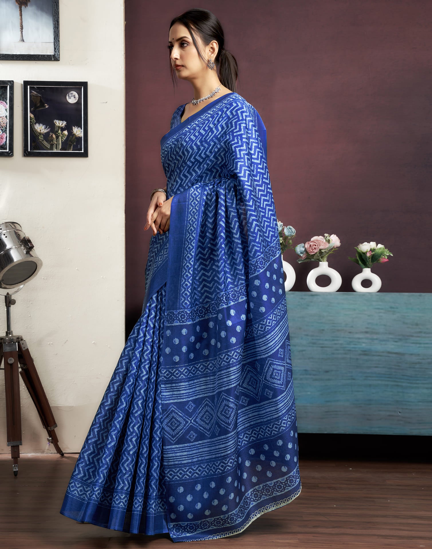 Indigo Cotton Blend Printed Saree