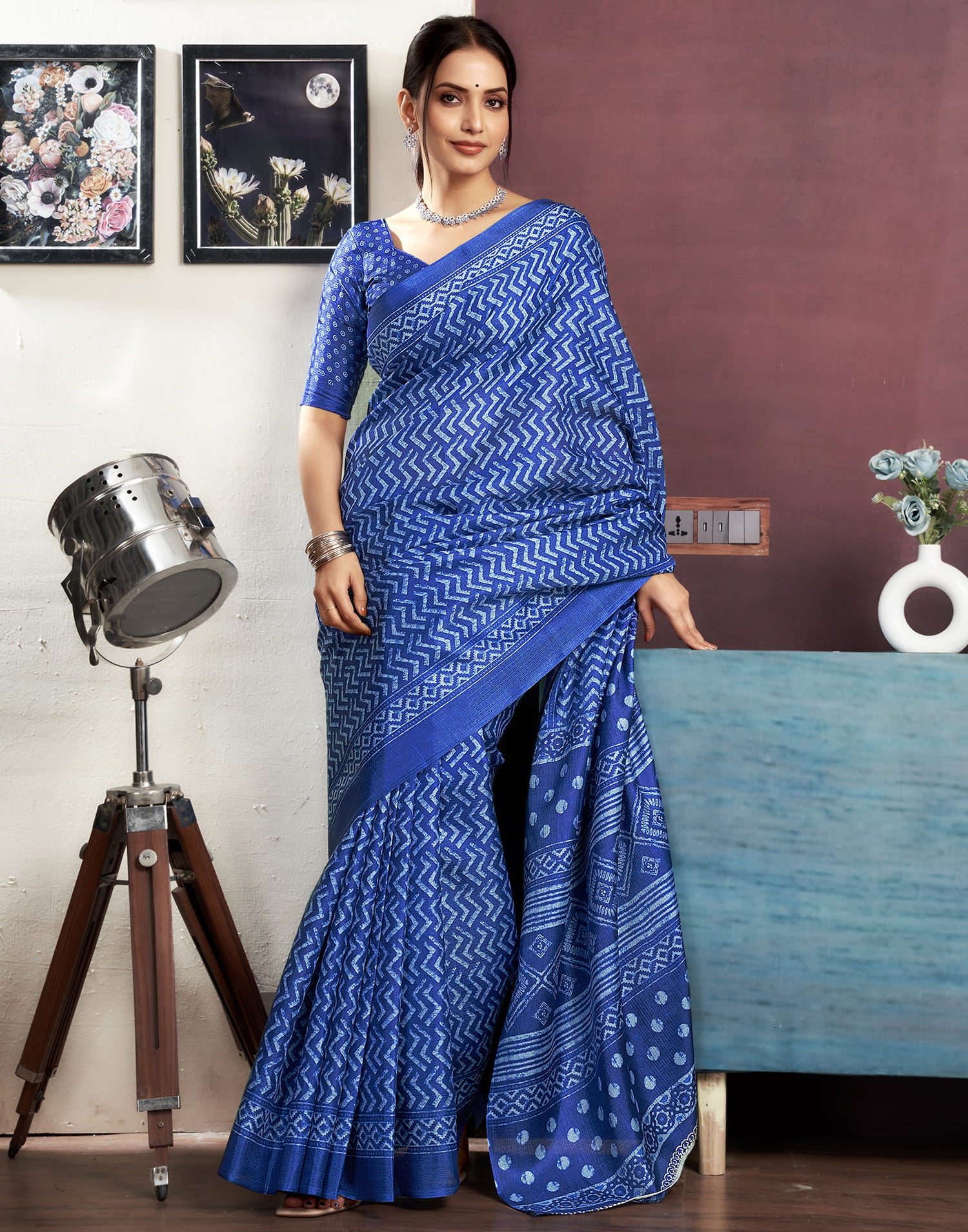 Dark Blue Bhagalpuri Silk Geometric Printed Saree