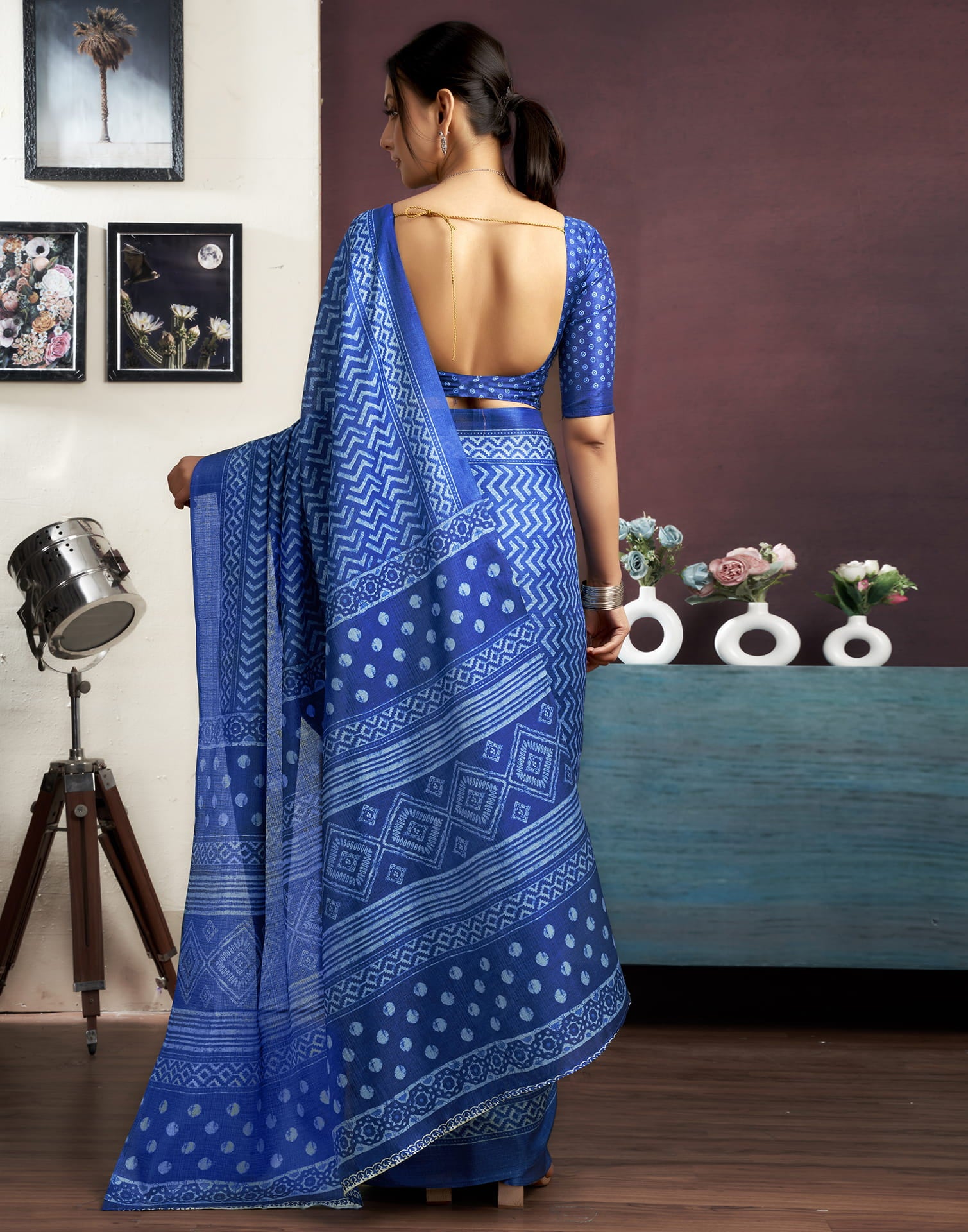 Indigo Cotton Blend Printed Saree