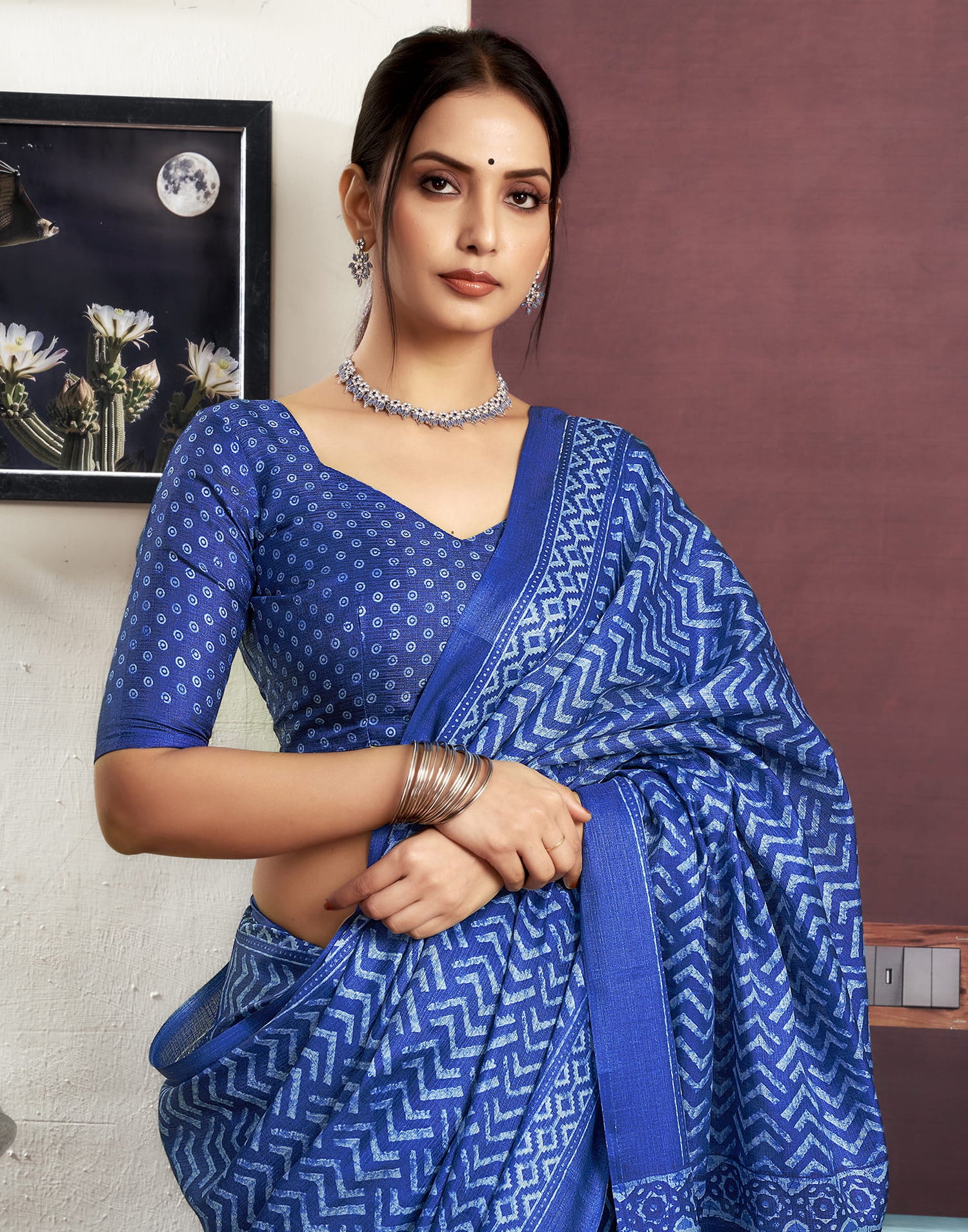 Indigo Cotton Blend Printed Saree