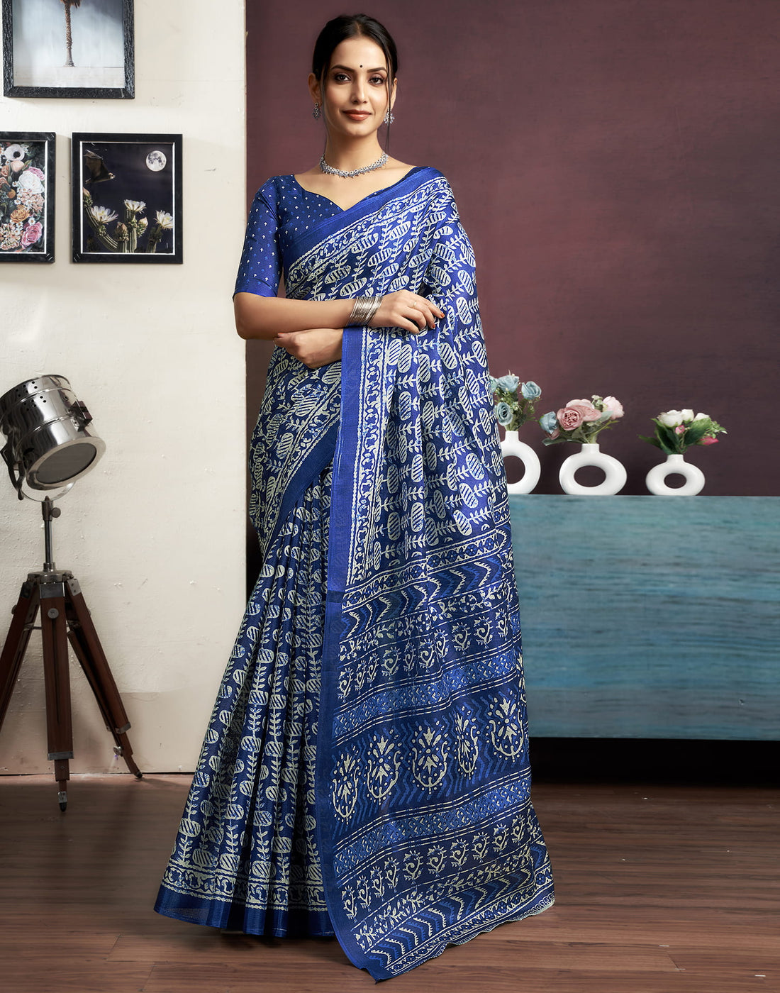 Indigo Cotton Blend Printed Saree