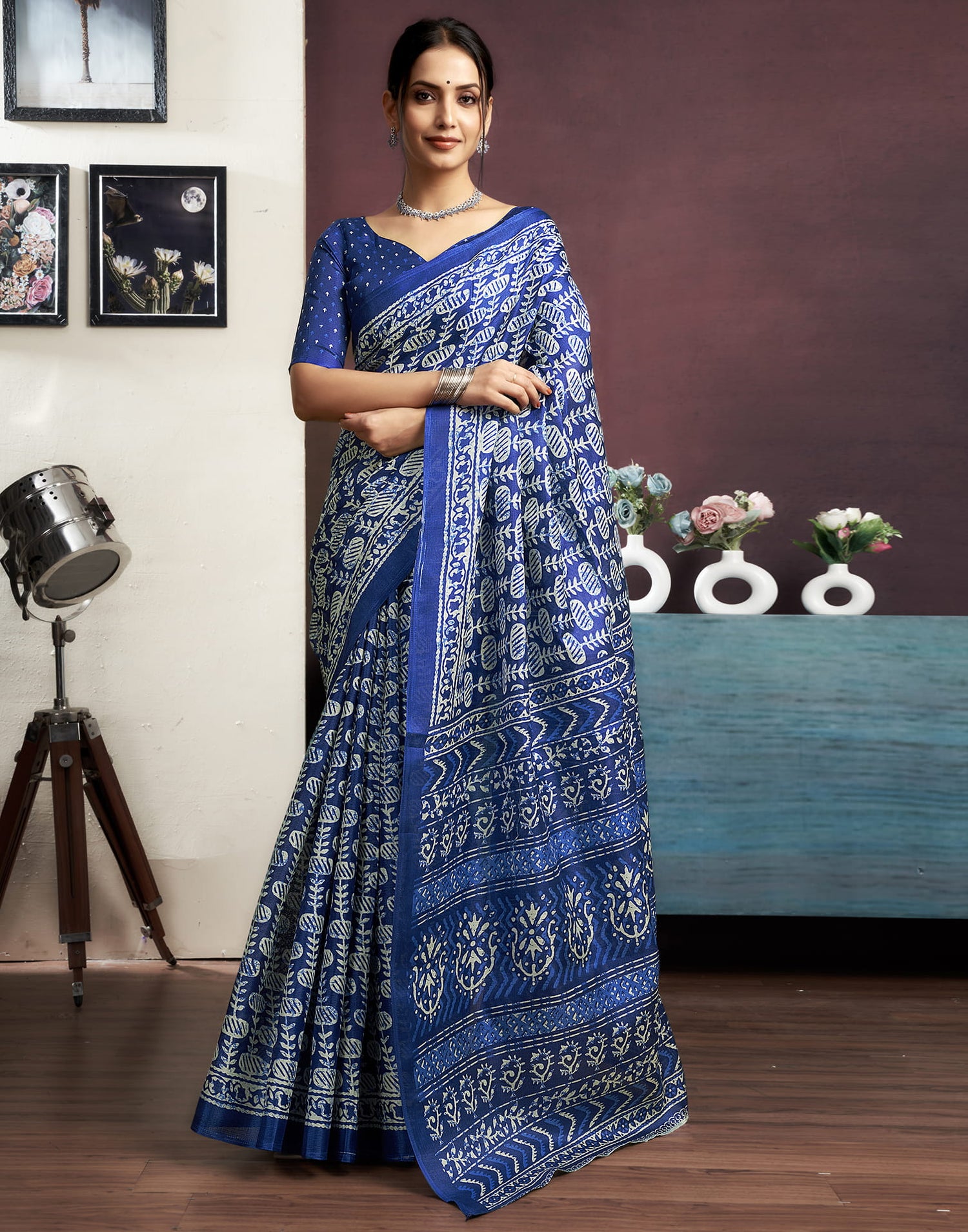 Dark Blue Bhagalpuri Silk Printed Saree