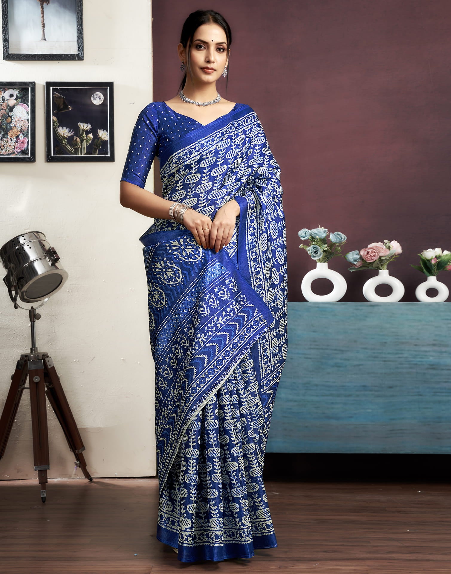 Indigo Cotton Blend Printed Saree