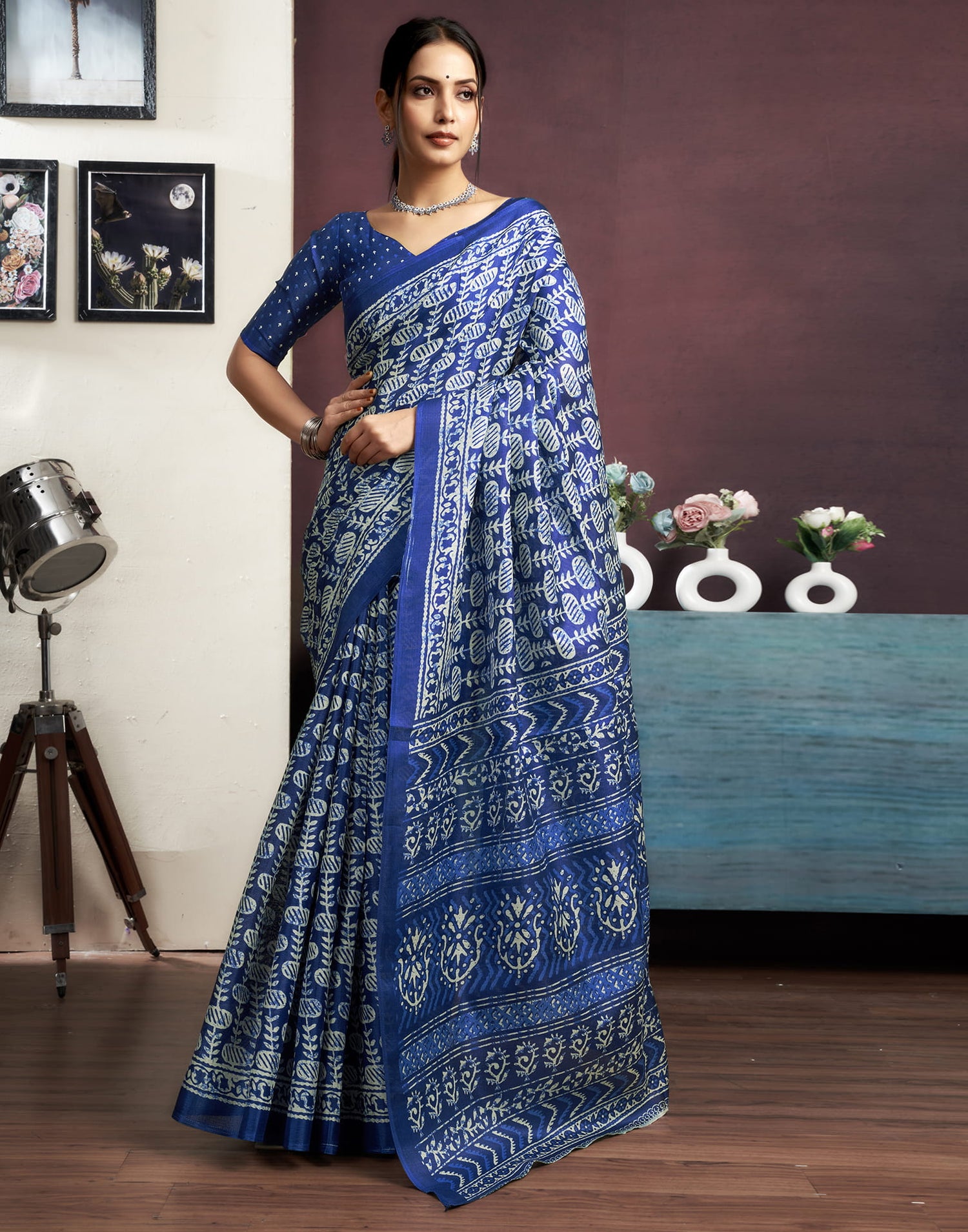 Indigo Cotton Blend Printed Saree