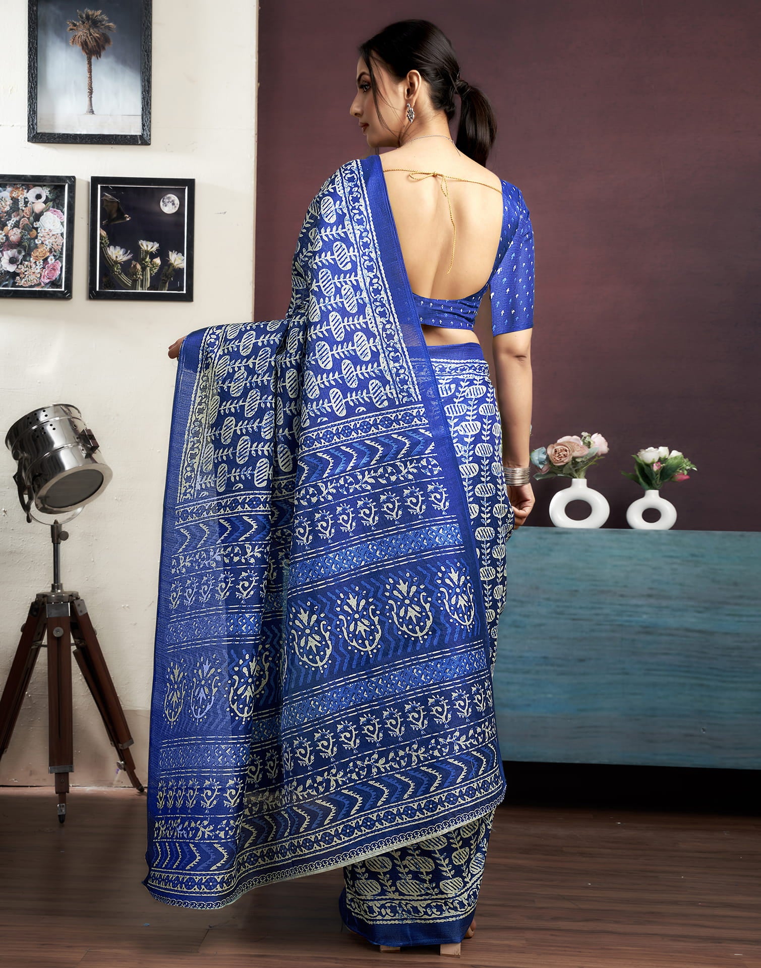 Dark Blue Bhagalpuri Silk Printed Saree