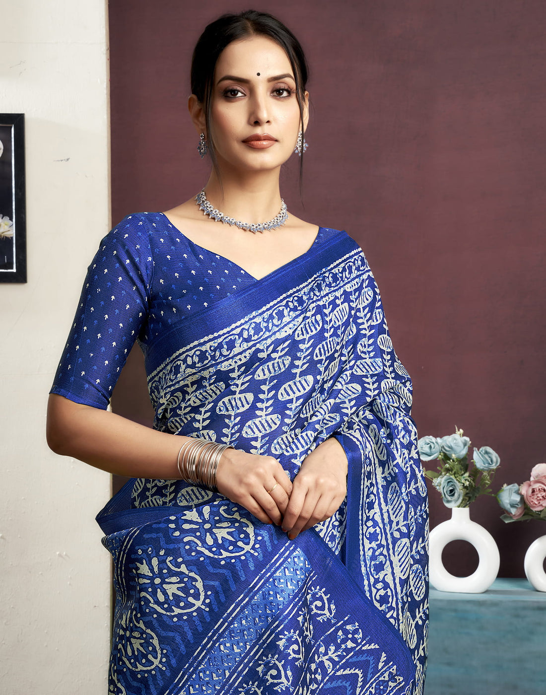 Indigo Cotton Blend Printed Saree