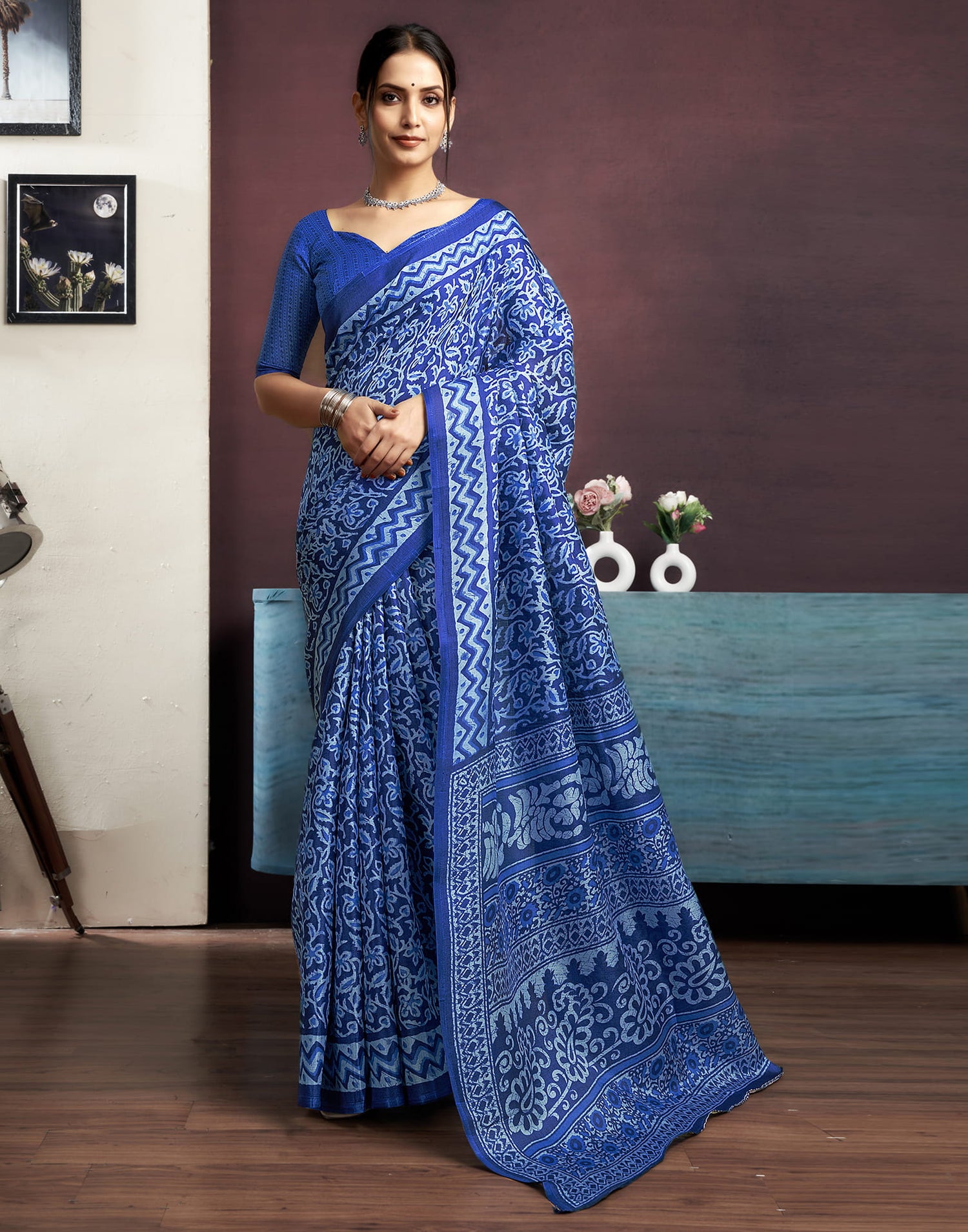 Dark Blue Bhagalpuri Silk Printed Saree