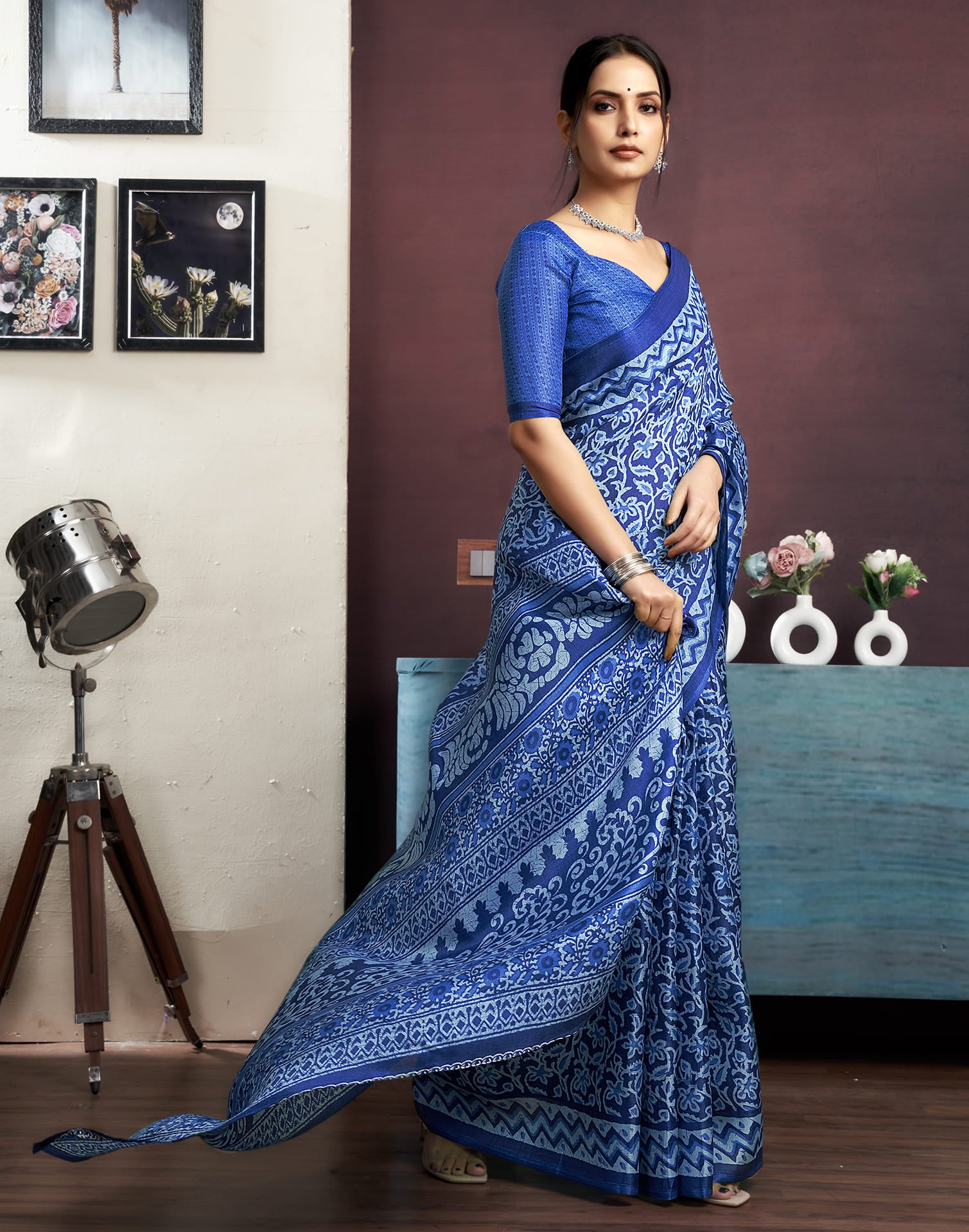 Indigo Cotton Blend Printed Saree