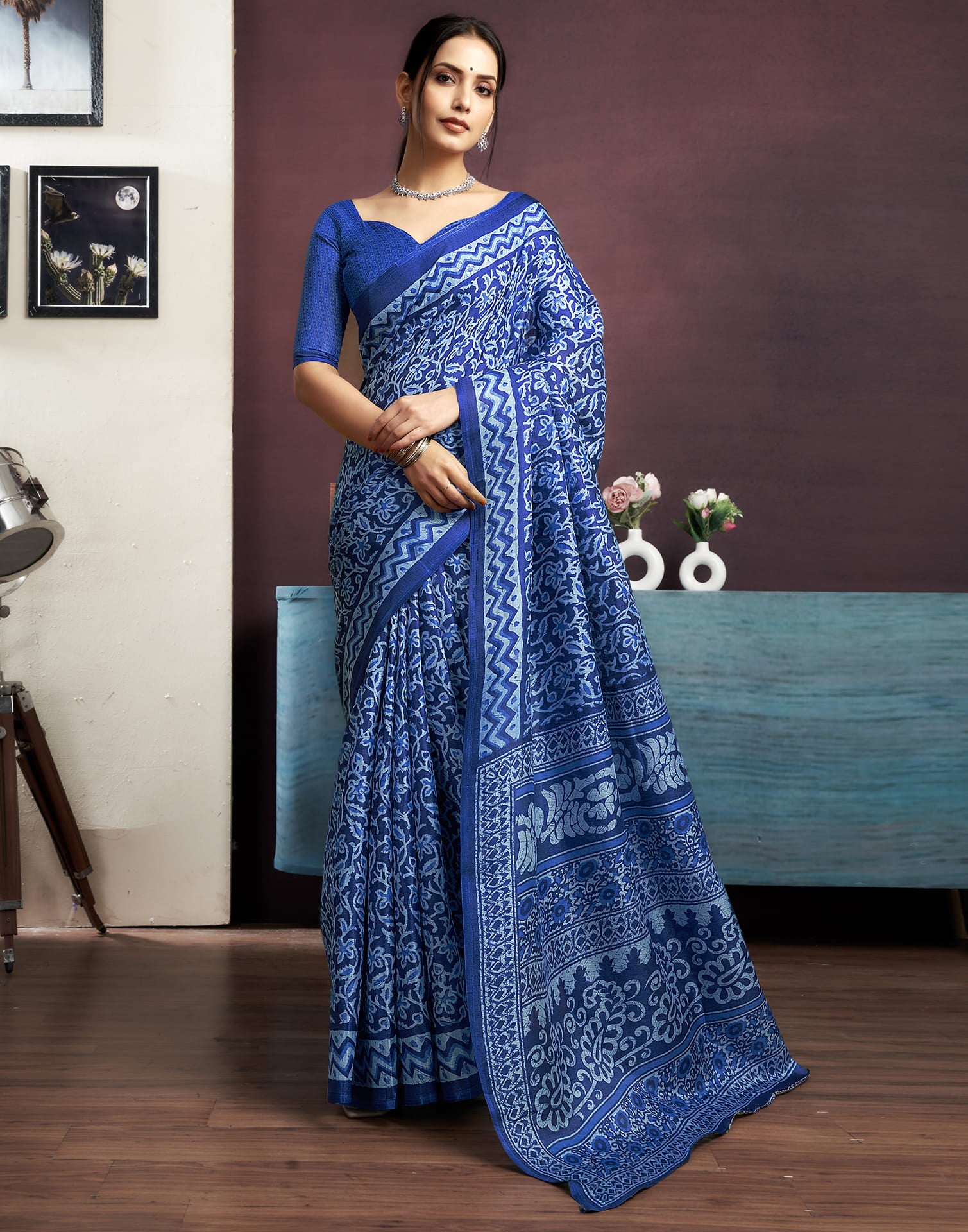 Dark Blue Bhagalpuri Silk Printed Saree