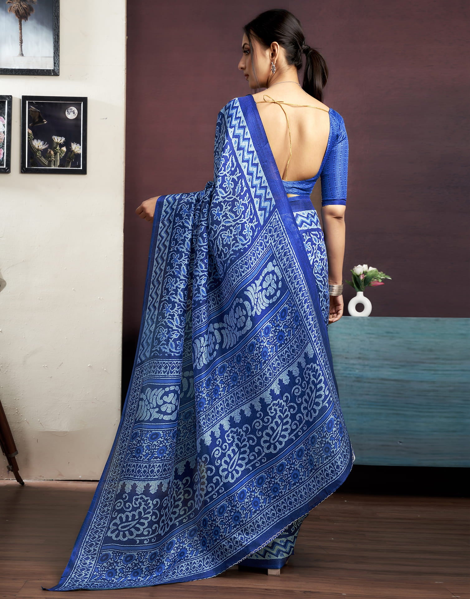 Indigo Cotton Blend Printed Saree