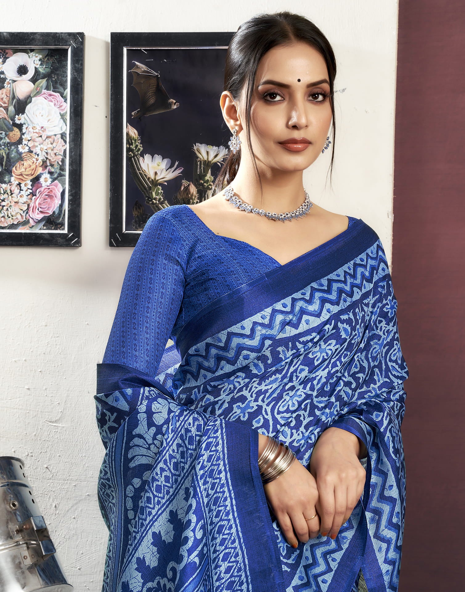 Indigo Cotton Blend Printed Saree