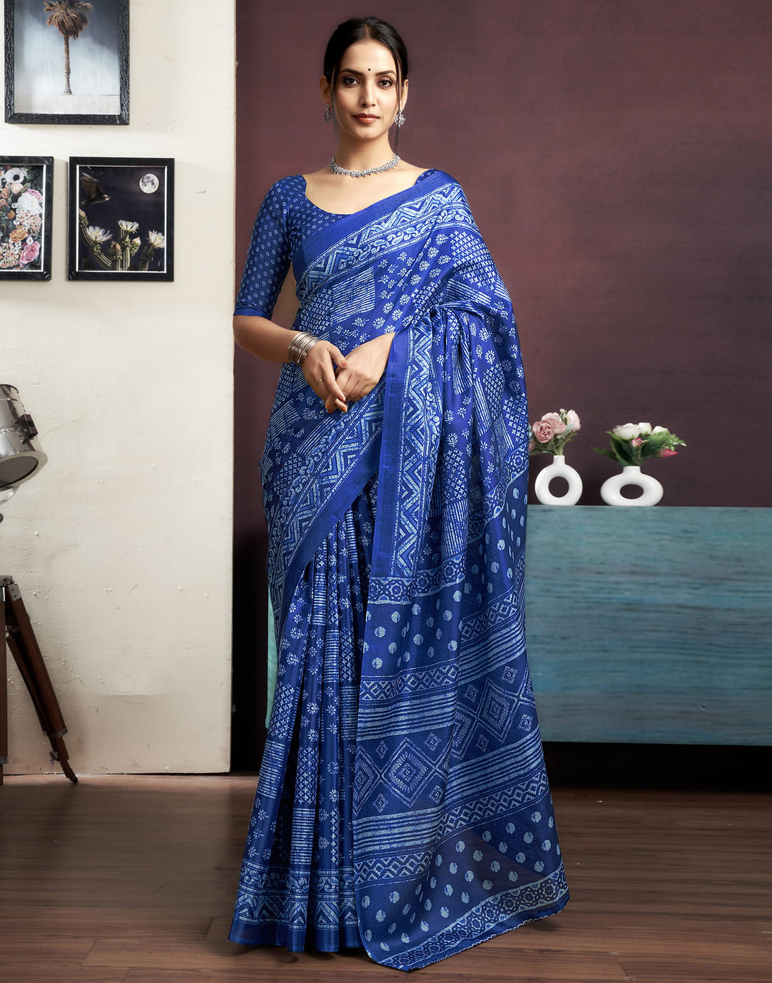 Indigo Cotton Blend Printed Saree