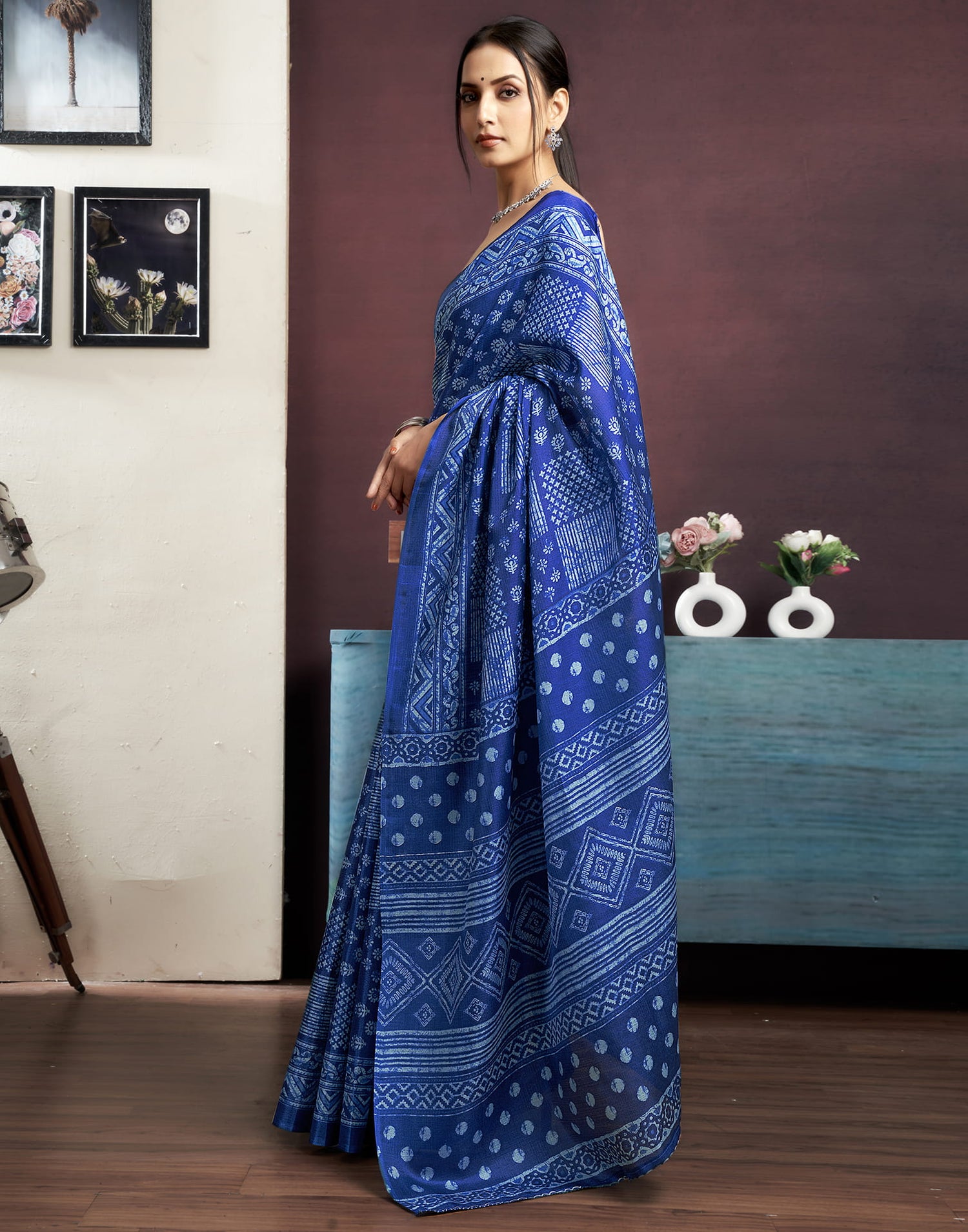 Dark Blue Bhagalpuri Silk Printed Saree