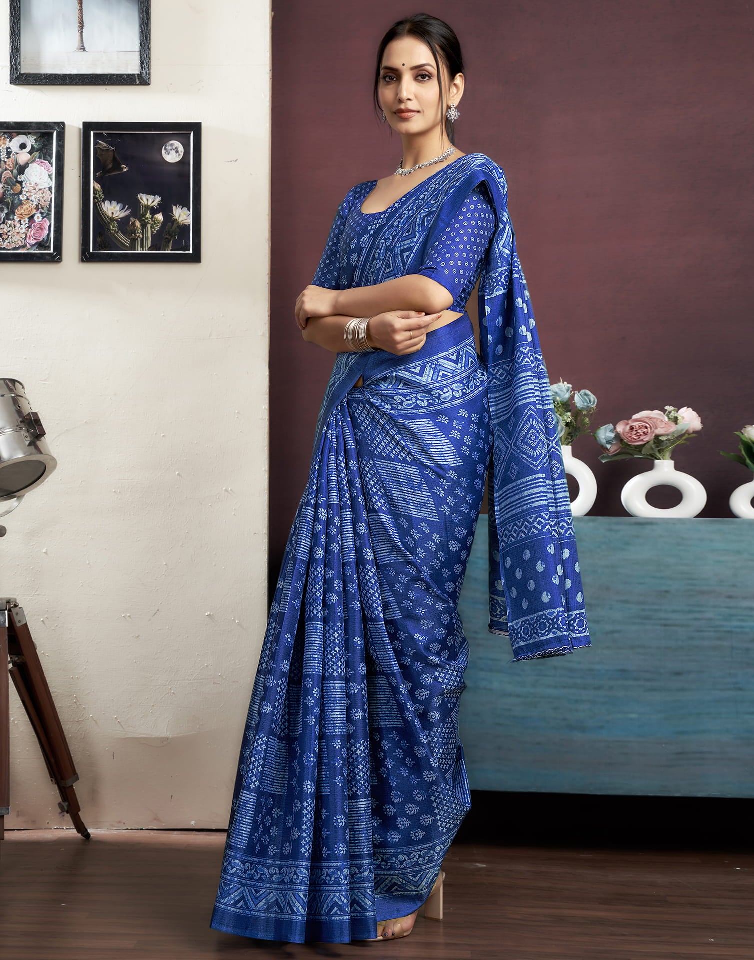 Dark Blue Bhagalpuri Silk Printed Saree