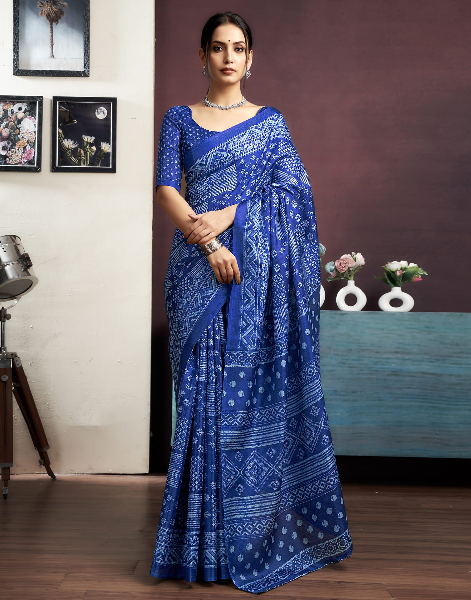 Dark Blue Bhagalpuri Silk Printed Saree