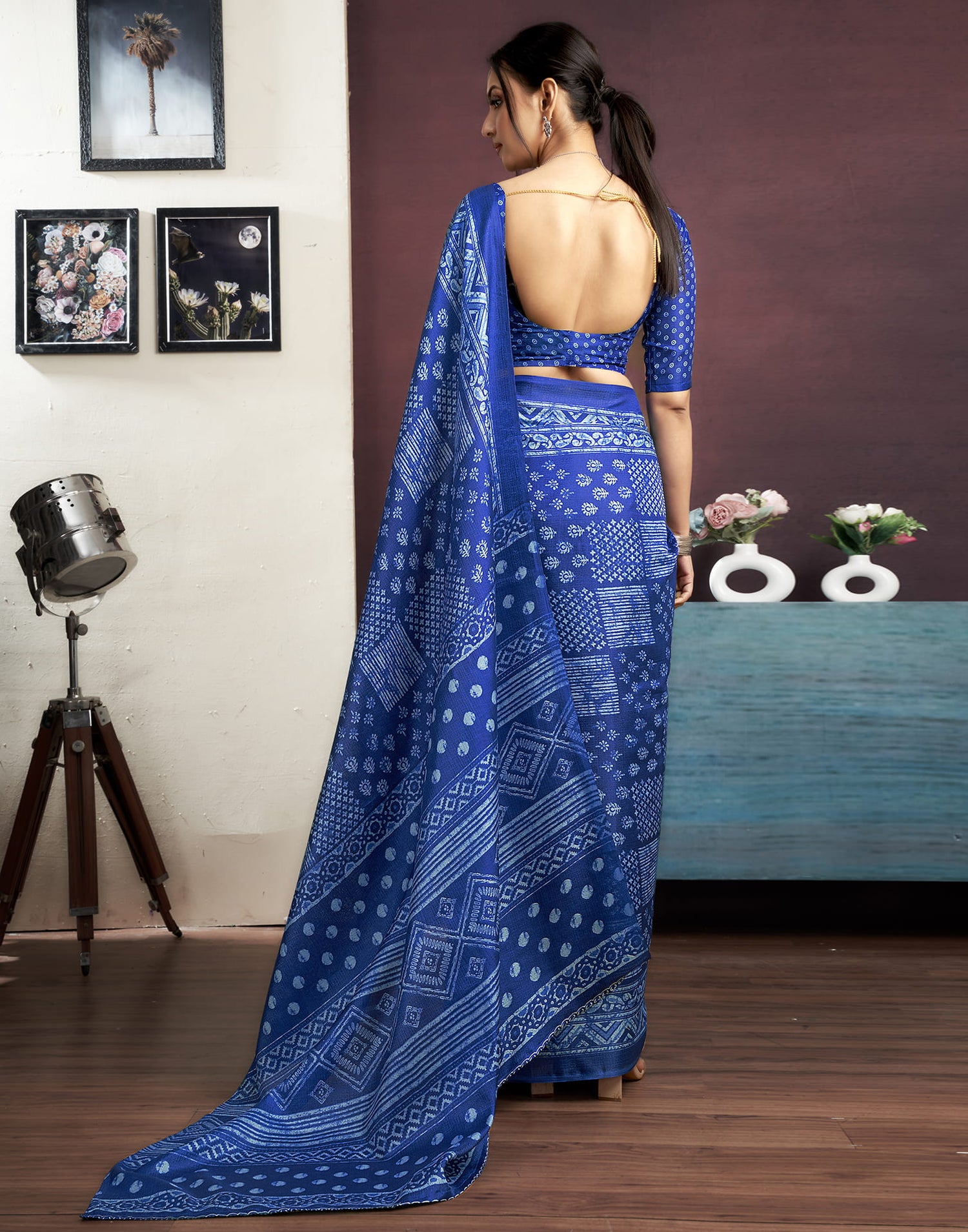 Dark Blue Bhagalpuri Silk Printed Saree