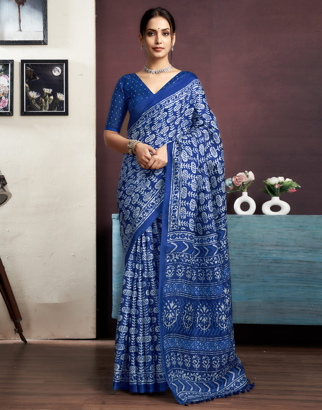 Dark Blue Cotton Printed Saree