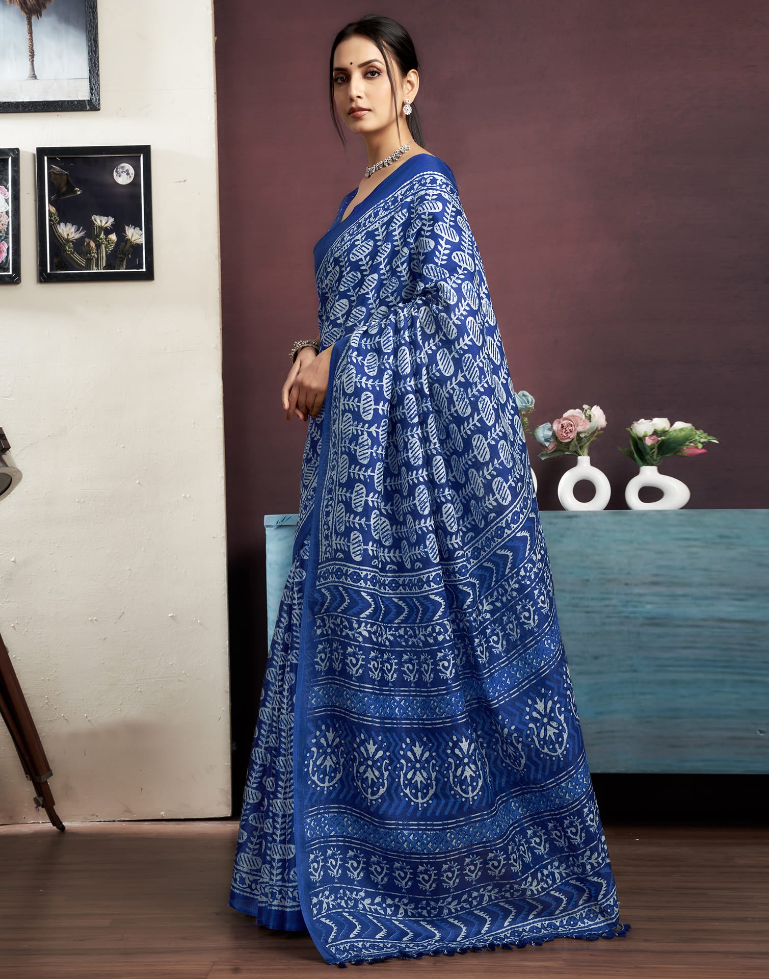 Dark Blue Cotton Printed Saree