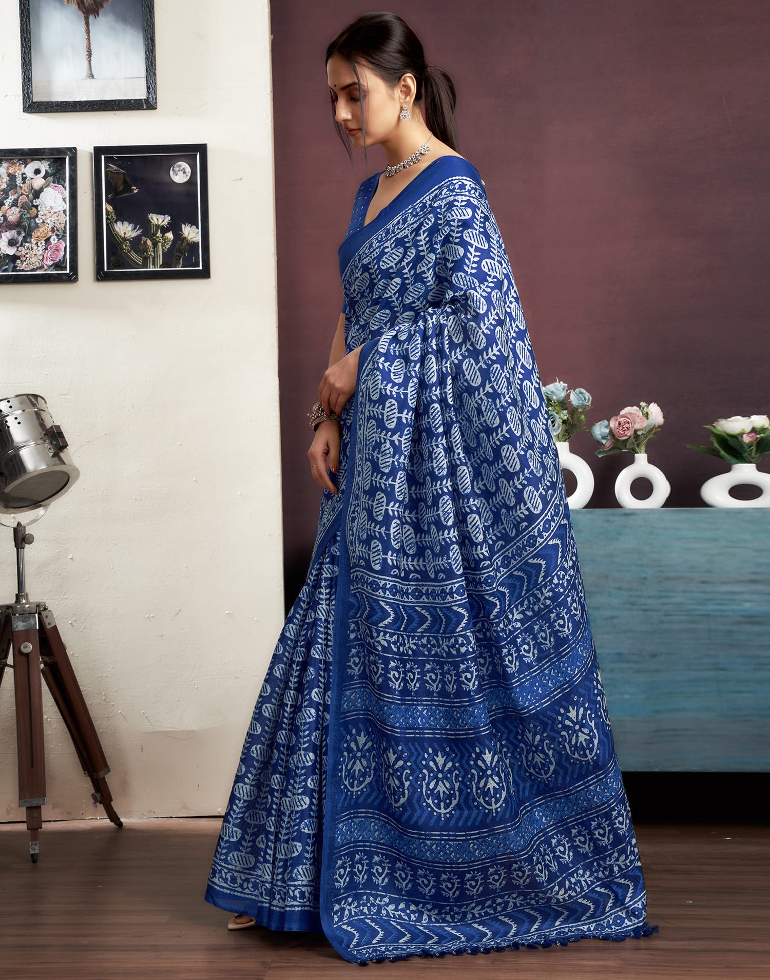 Dark Blue Cotton Printed Saree