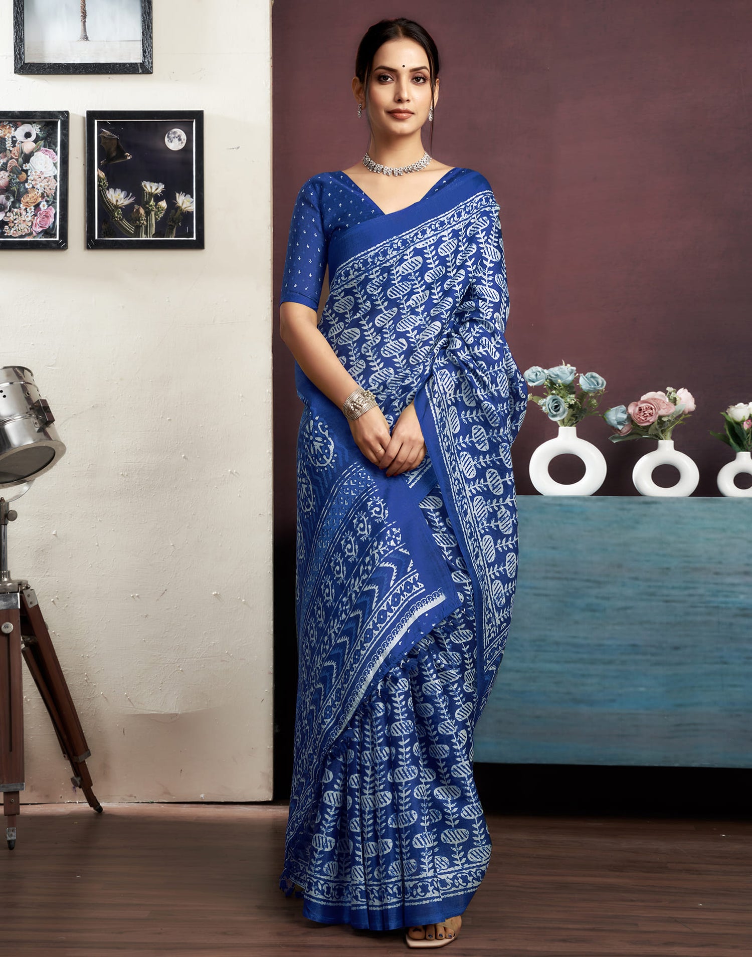 Indigo Cotton Blend Printed Saree