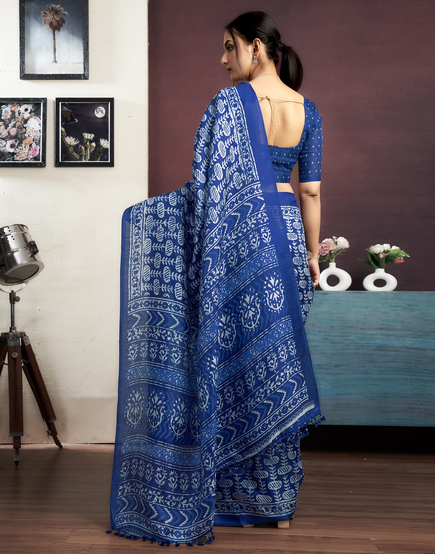 Indigo Cotton Blend Printed Saree