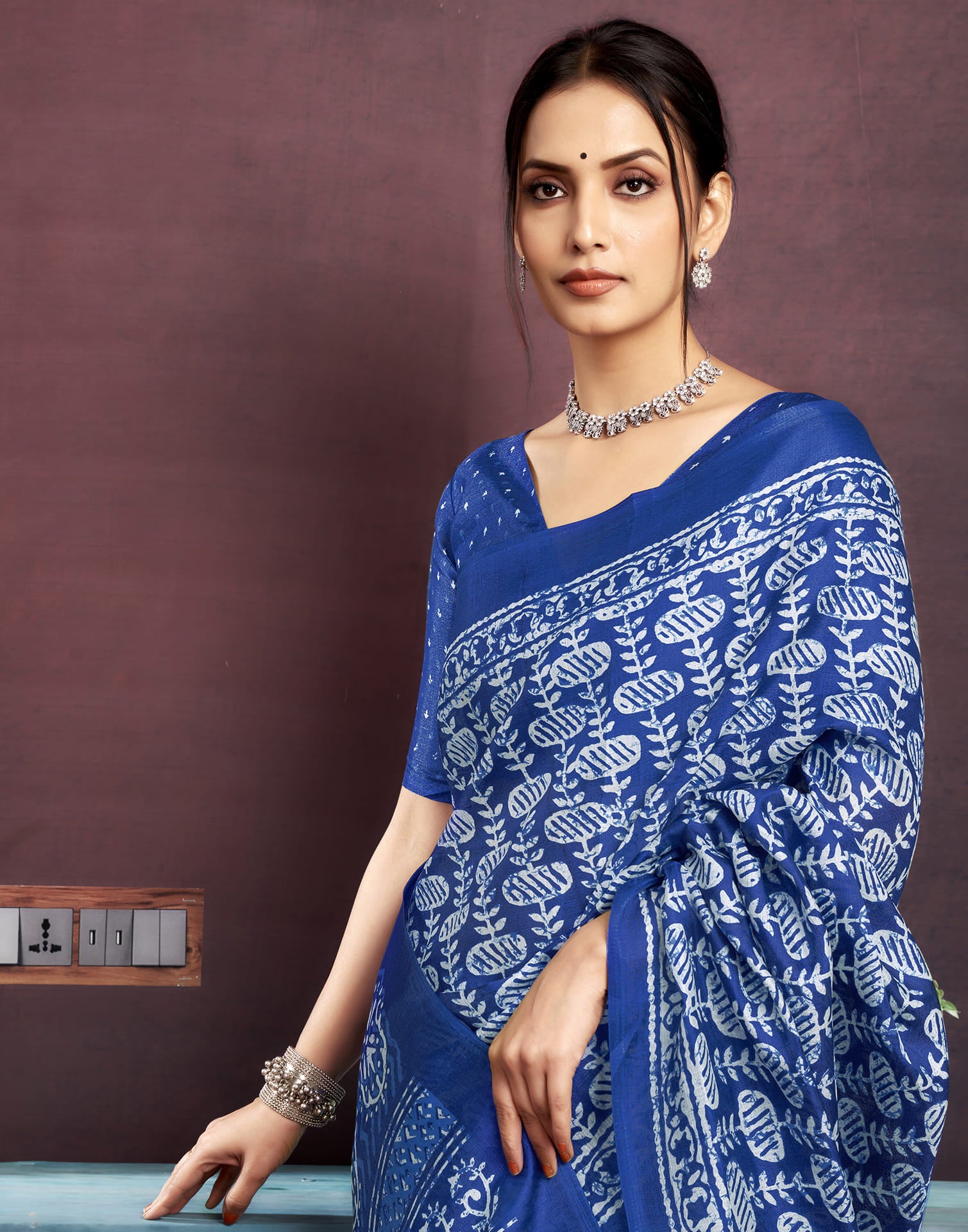 Dark Blue Cotton Printed Saree