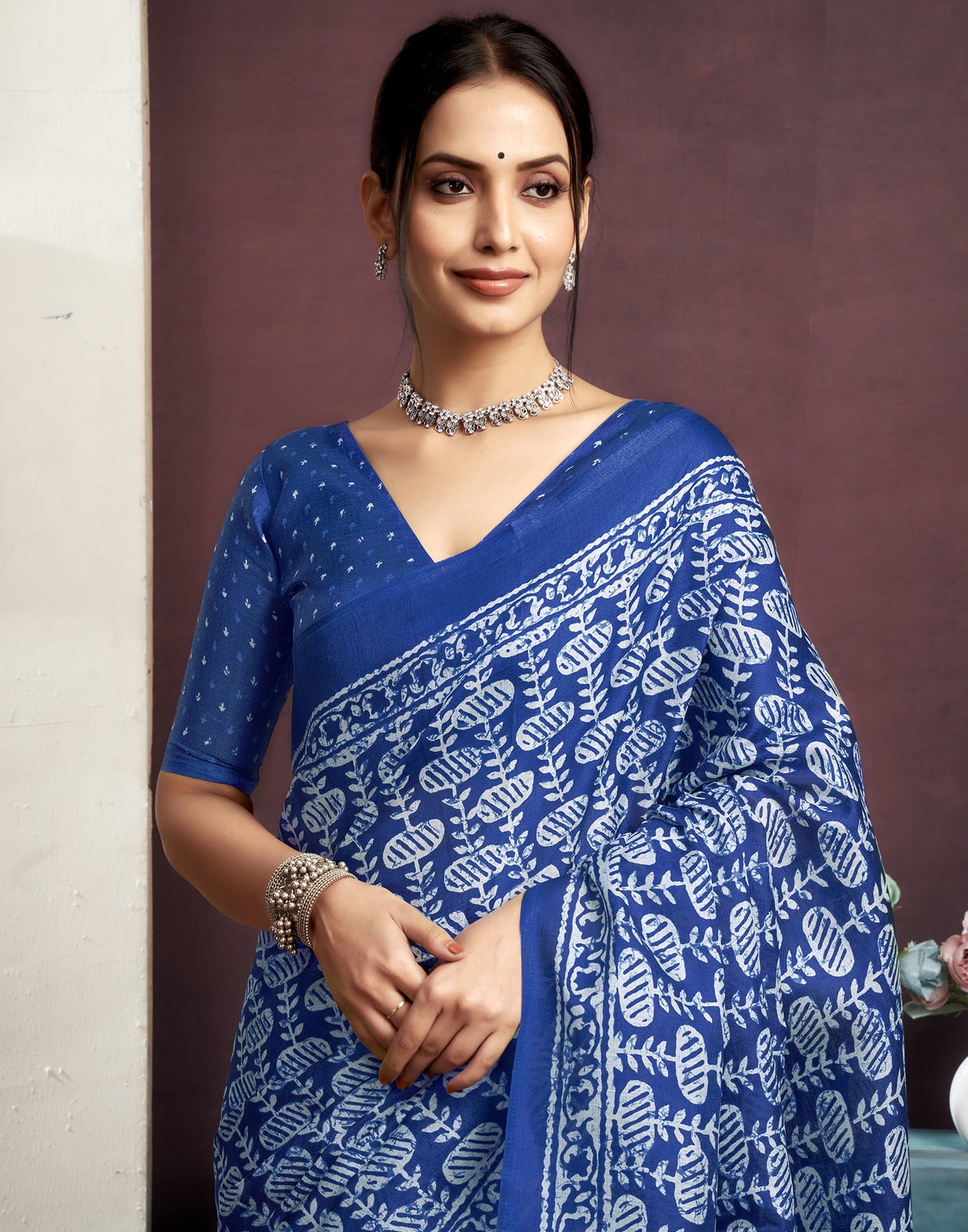 Dark Blue Cotton Printed Saree