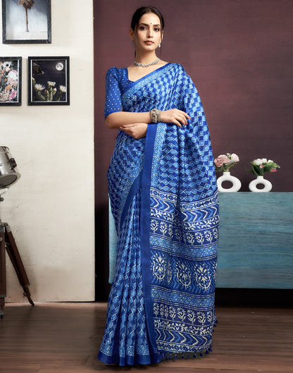 Indigo Cotton Blend Printed Saree