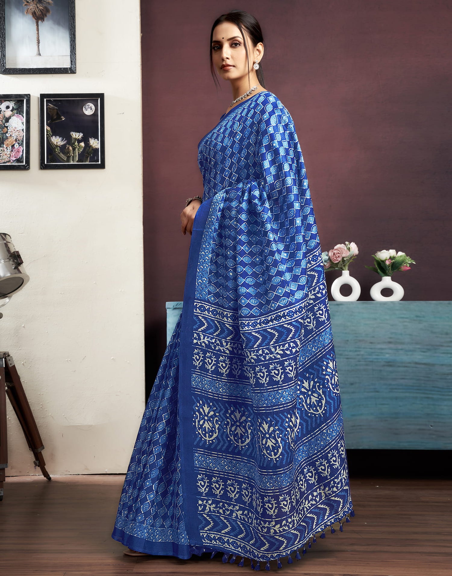 Dark Blue Cotton Geometric Printed Saree