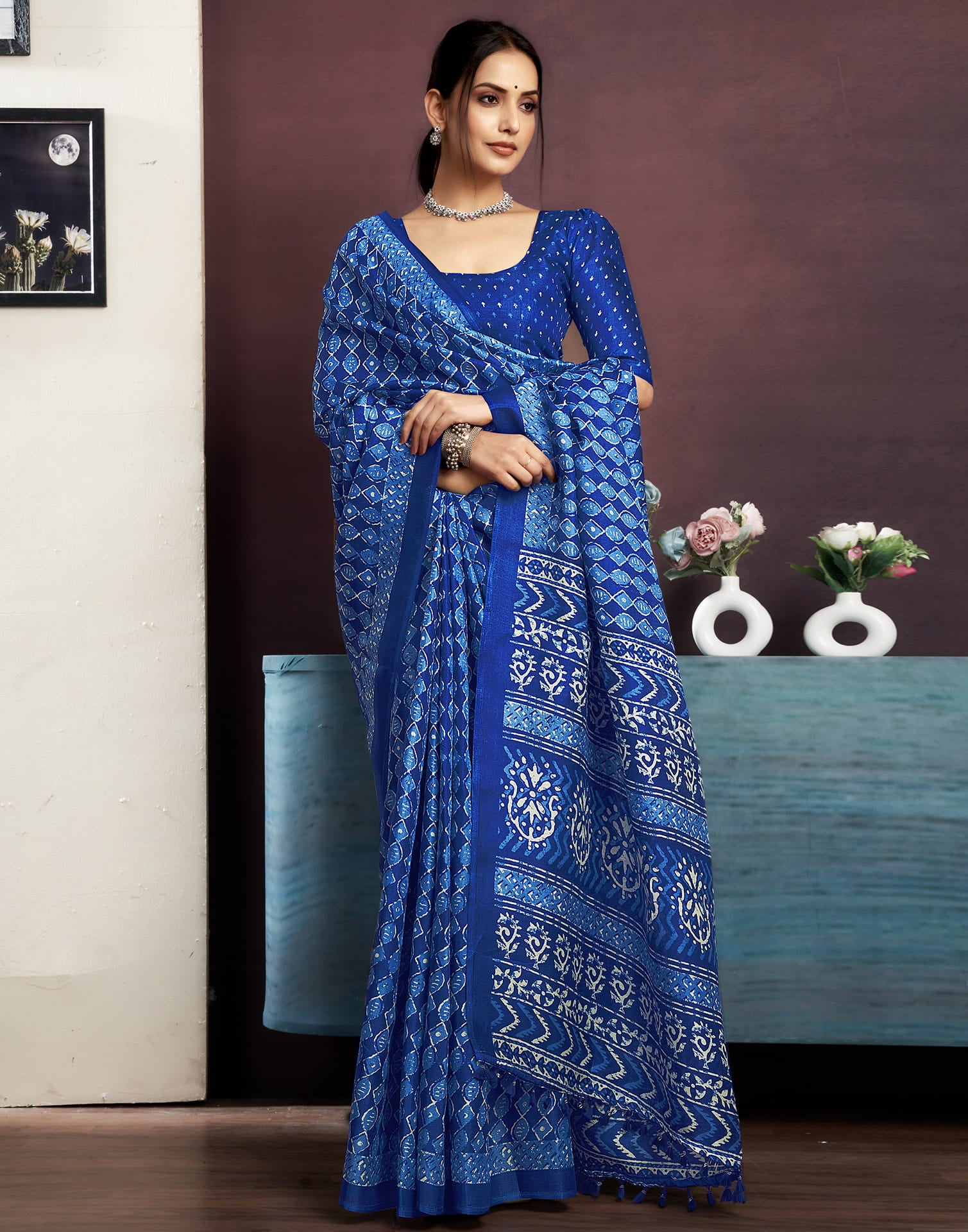 Dark Blue Cotton Geometric Printed Saree