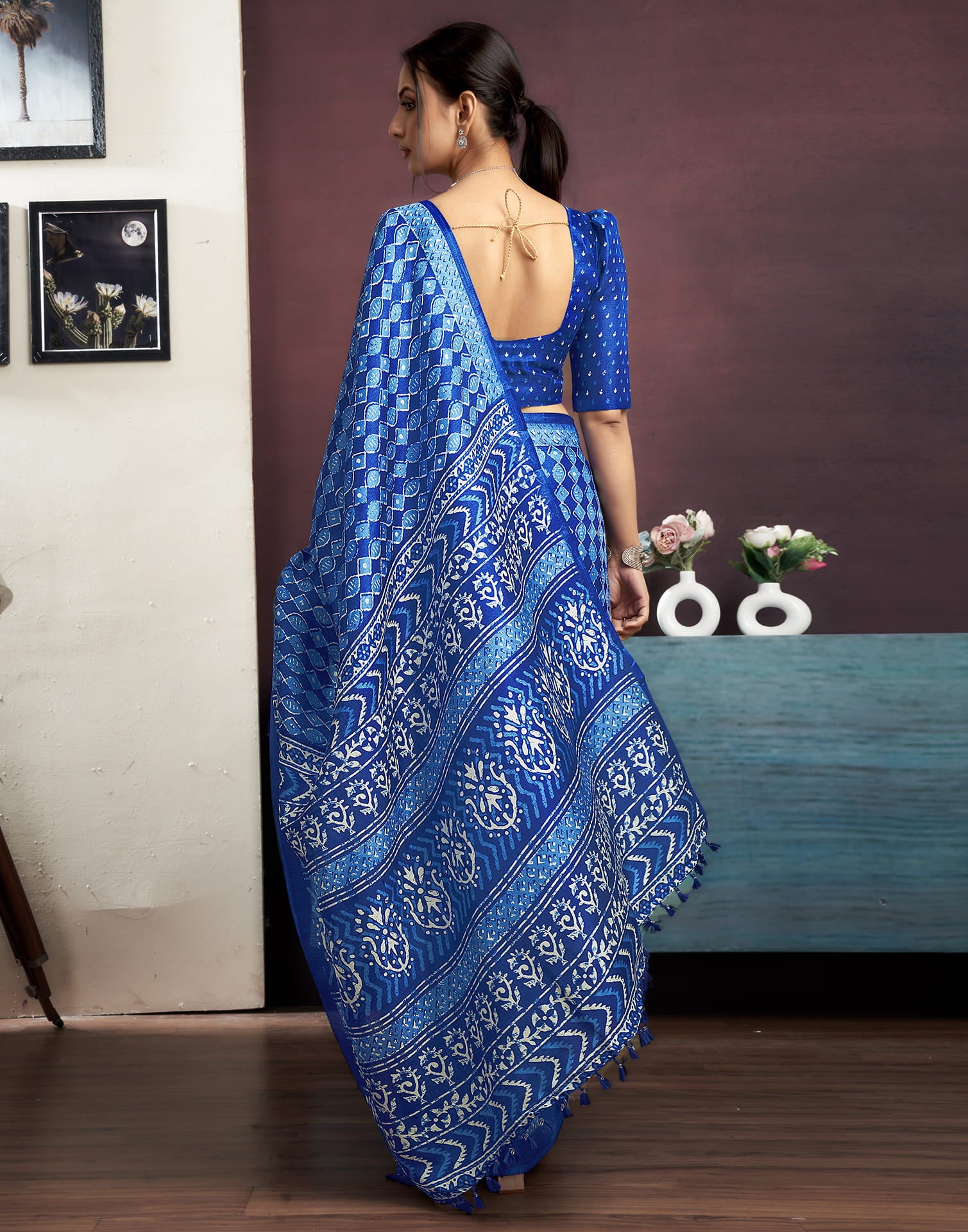 Indigo Cotton Blend Printed Saree