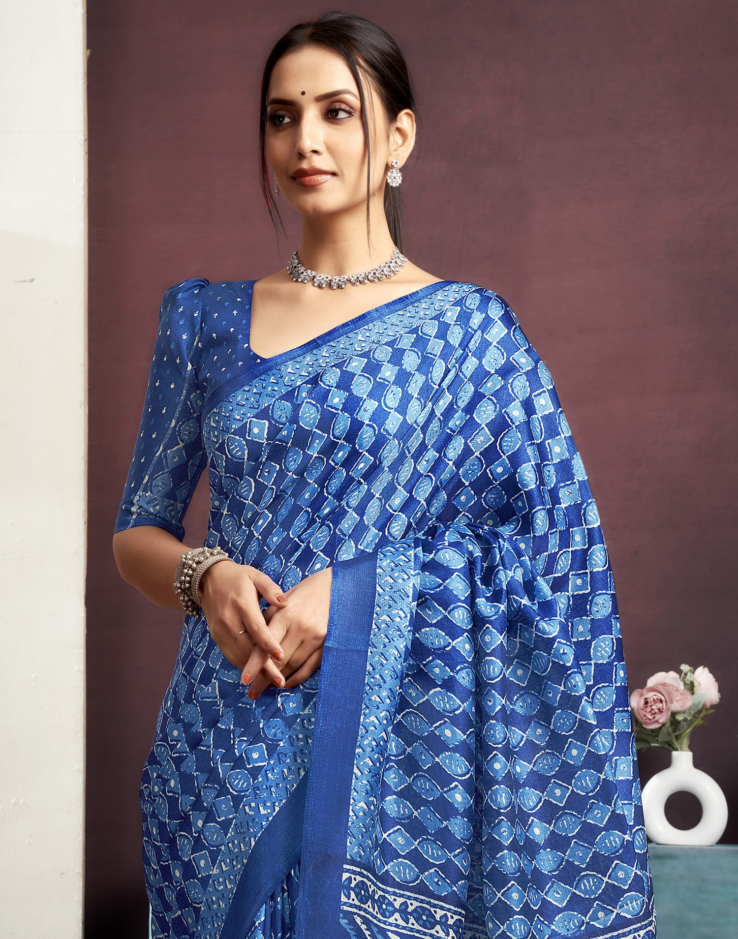 Dark Blue Cotton Geometric Printed Saree