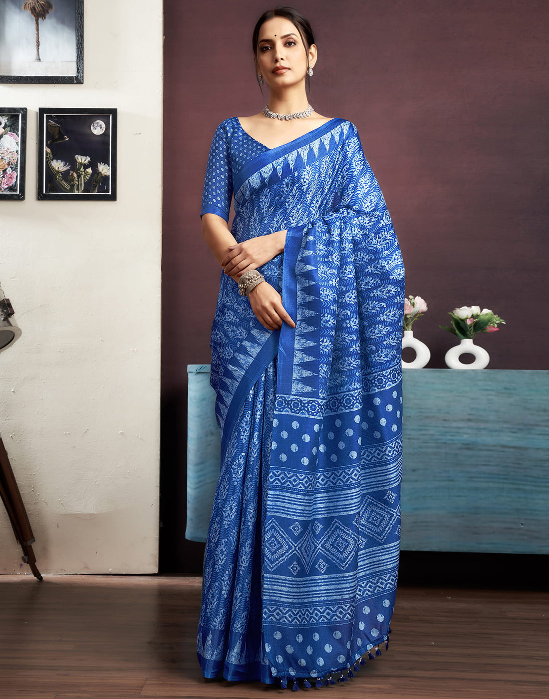 Indigo Cotton Blend Printed Saree