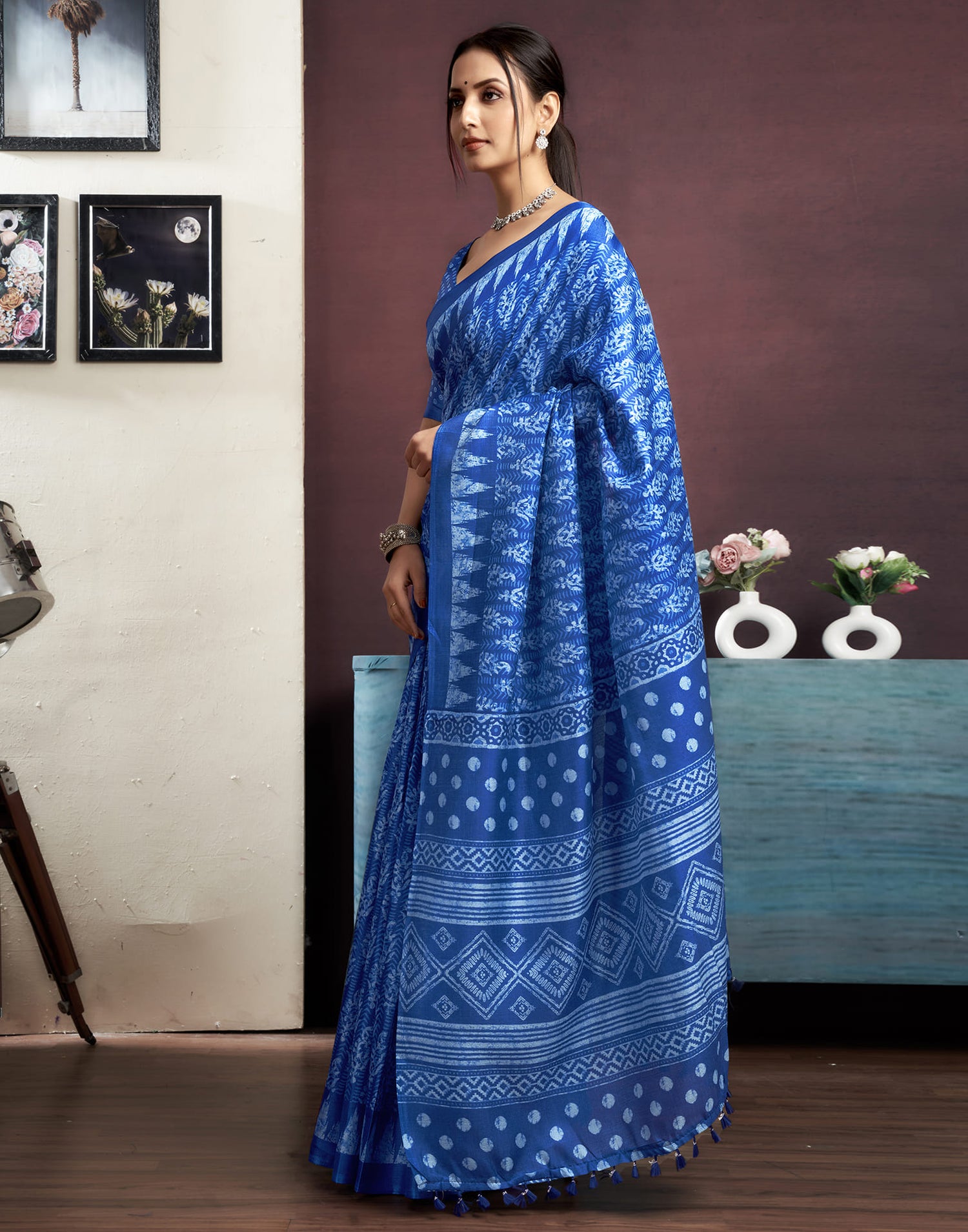 Dark Blue Cotton Printed Saree