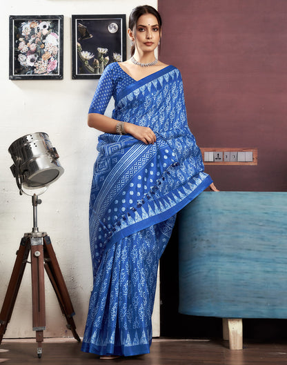 Indigo Cotton Blend Printed Saree