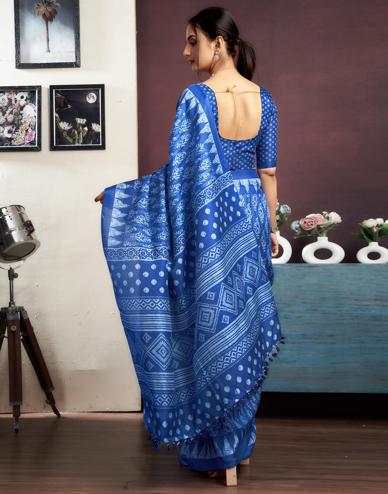 Dark Blue Cotton Printed Saree