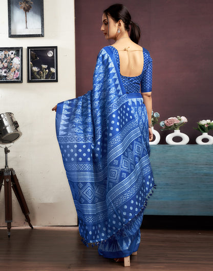 Indigo Cotton Blend Printed Saree