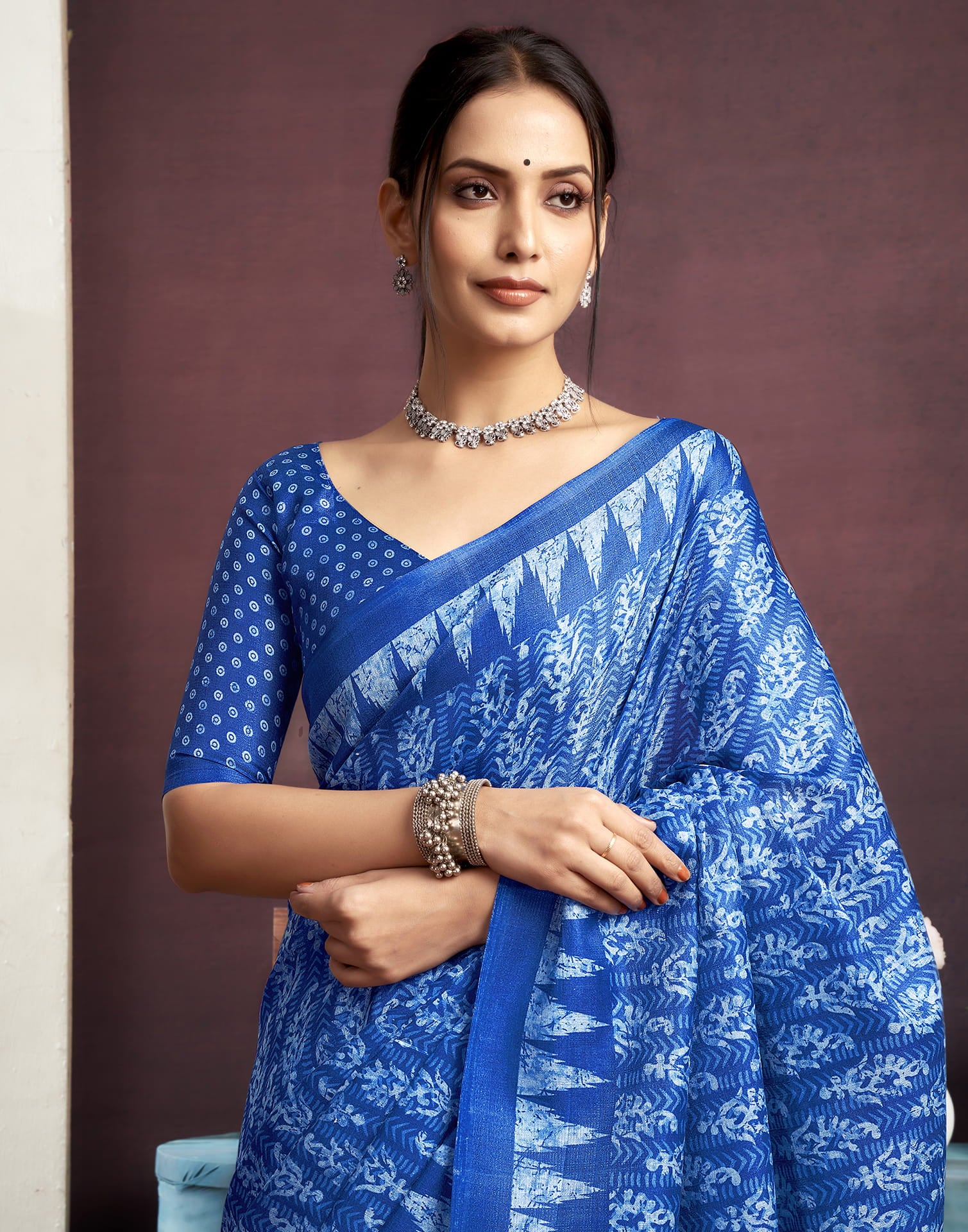 Dark Blue Cotton Printed Saree