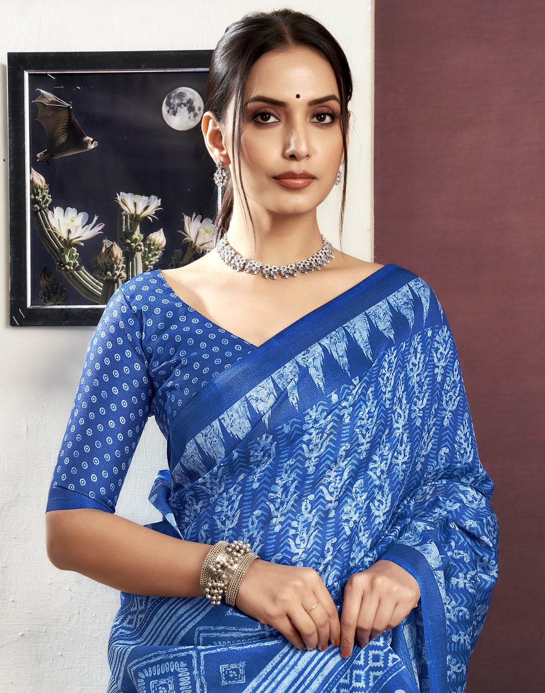 Indigo Cotton Blend Printed Saree