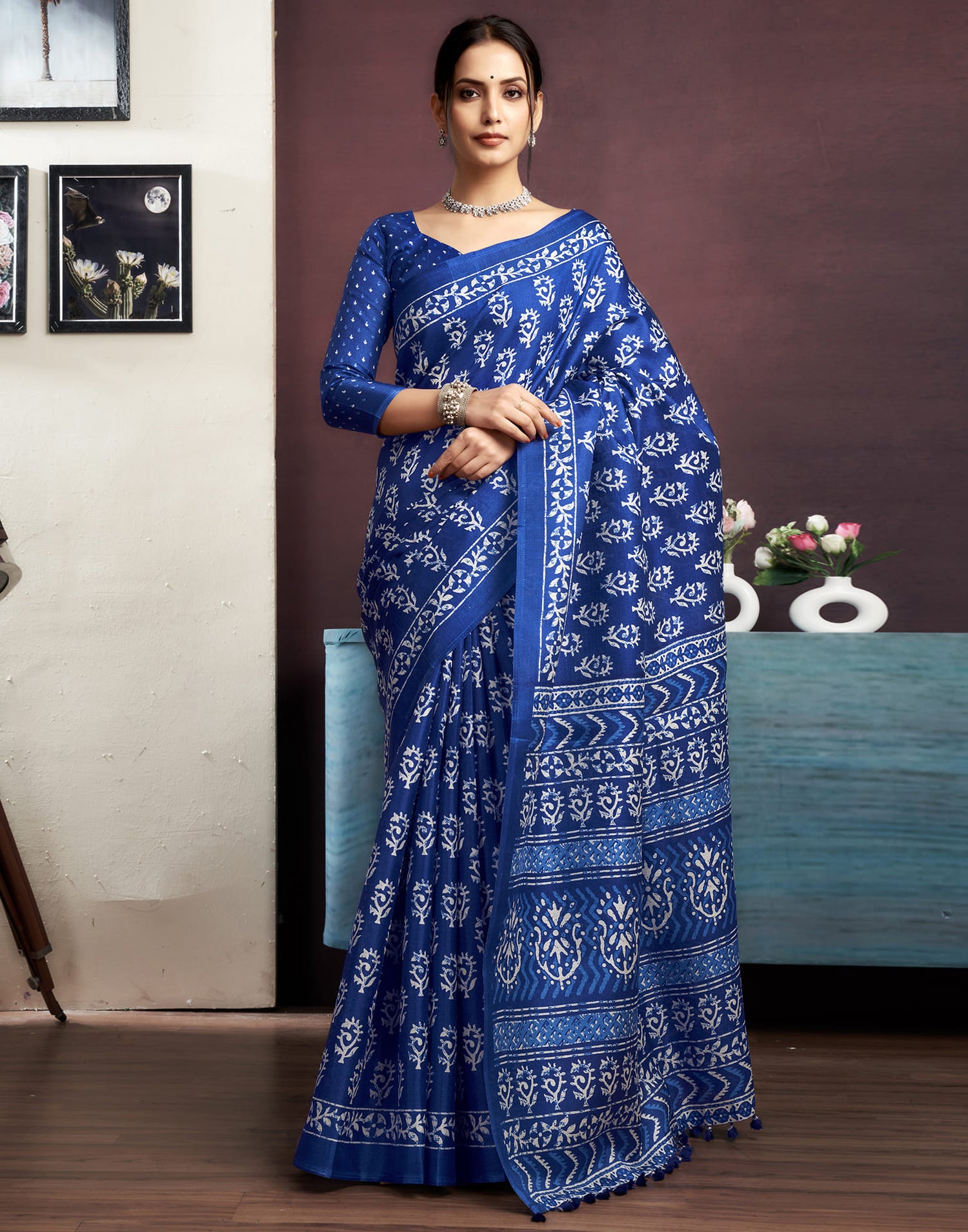 Dark Blue Cotton Printed Saree