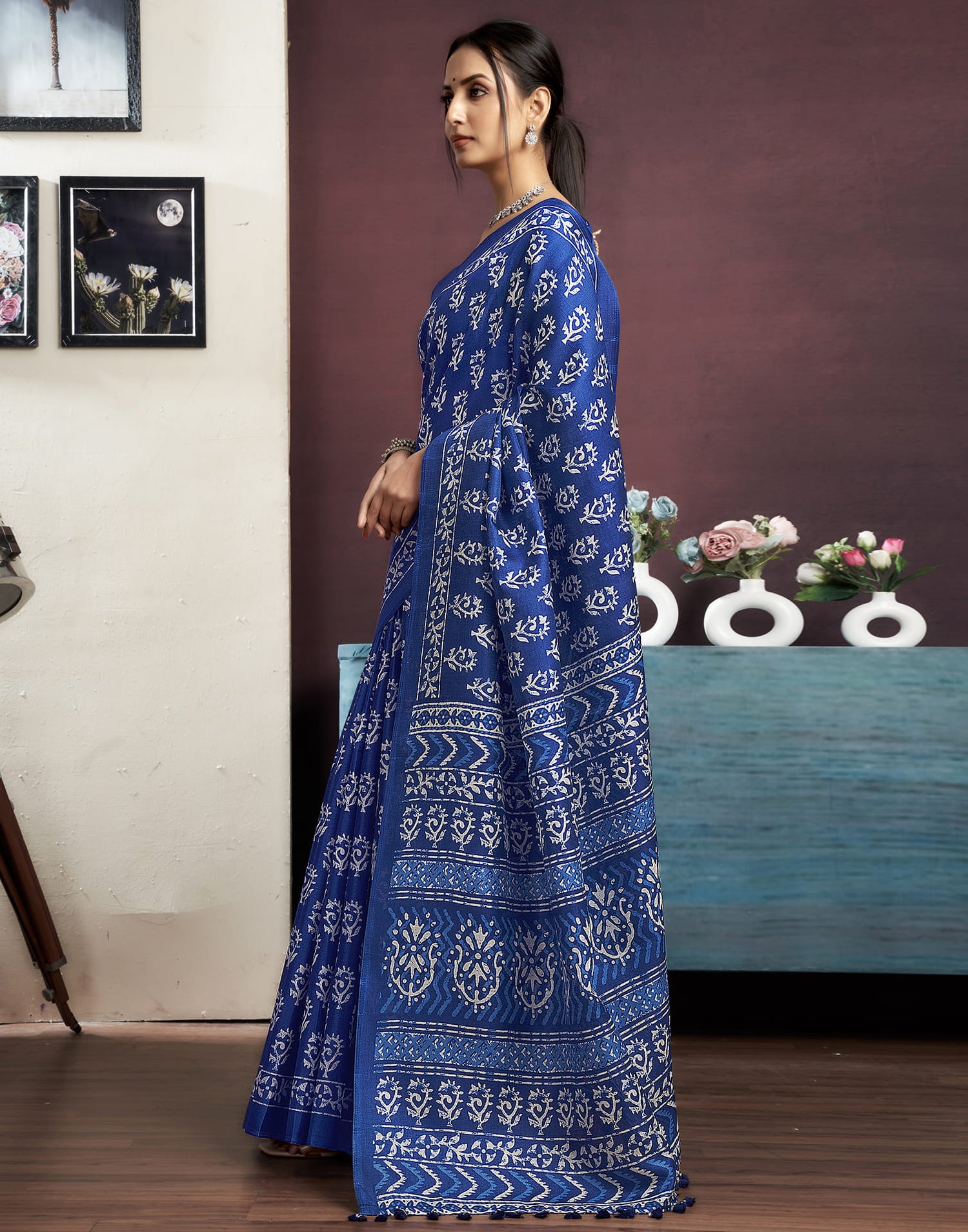 Indigo Cotton Blend Printed Saree