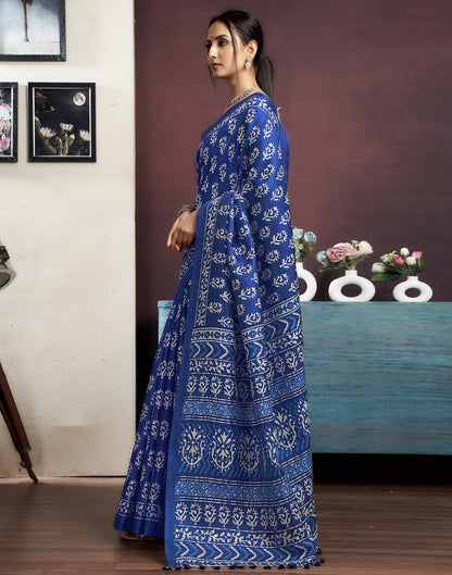 Dark Blue Cotton Printed Saree