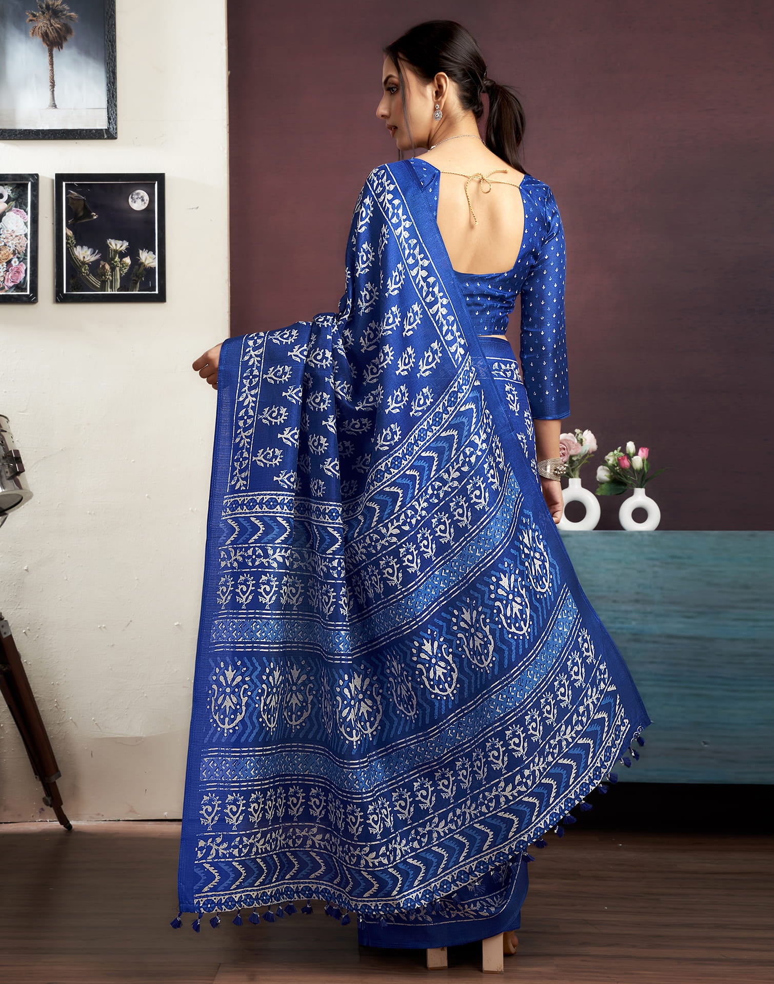 Indigo Cotton Blend Printed Saree