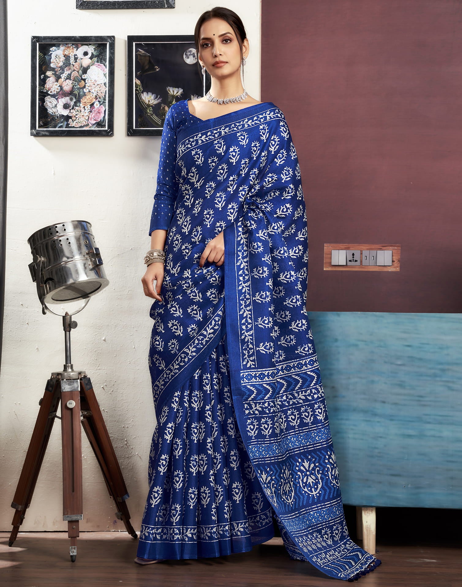 Indigo Cotton Blend Printed Saree